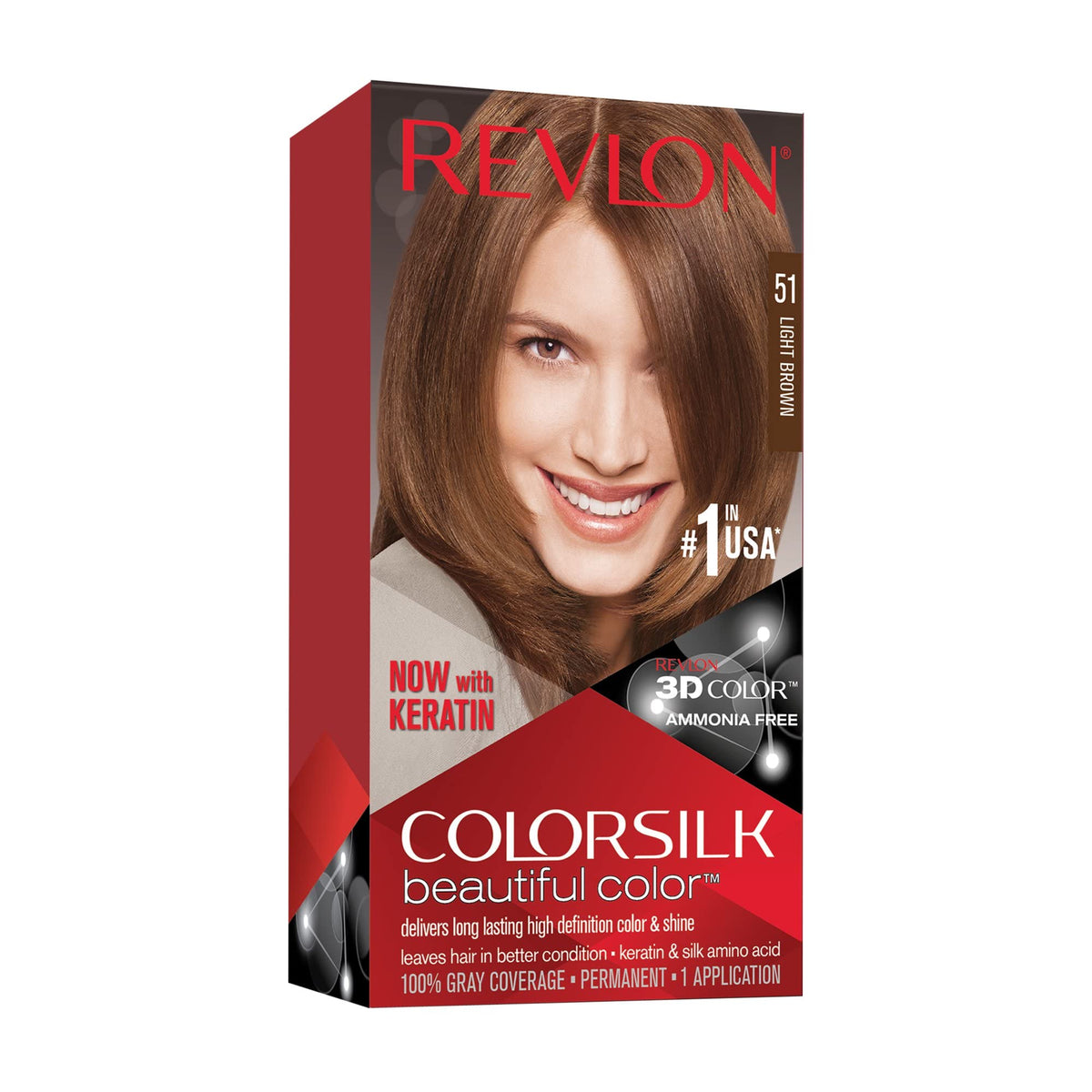 Revlon Colorsilk 51 Light Brown box front signals shade and at-home color readiness for gray coverage