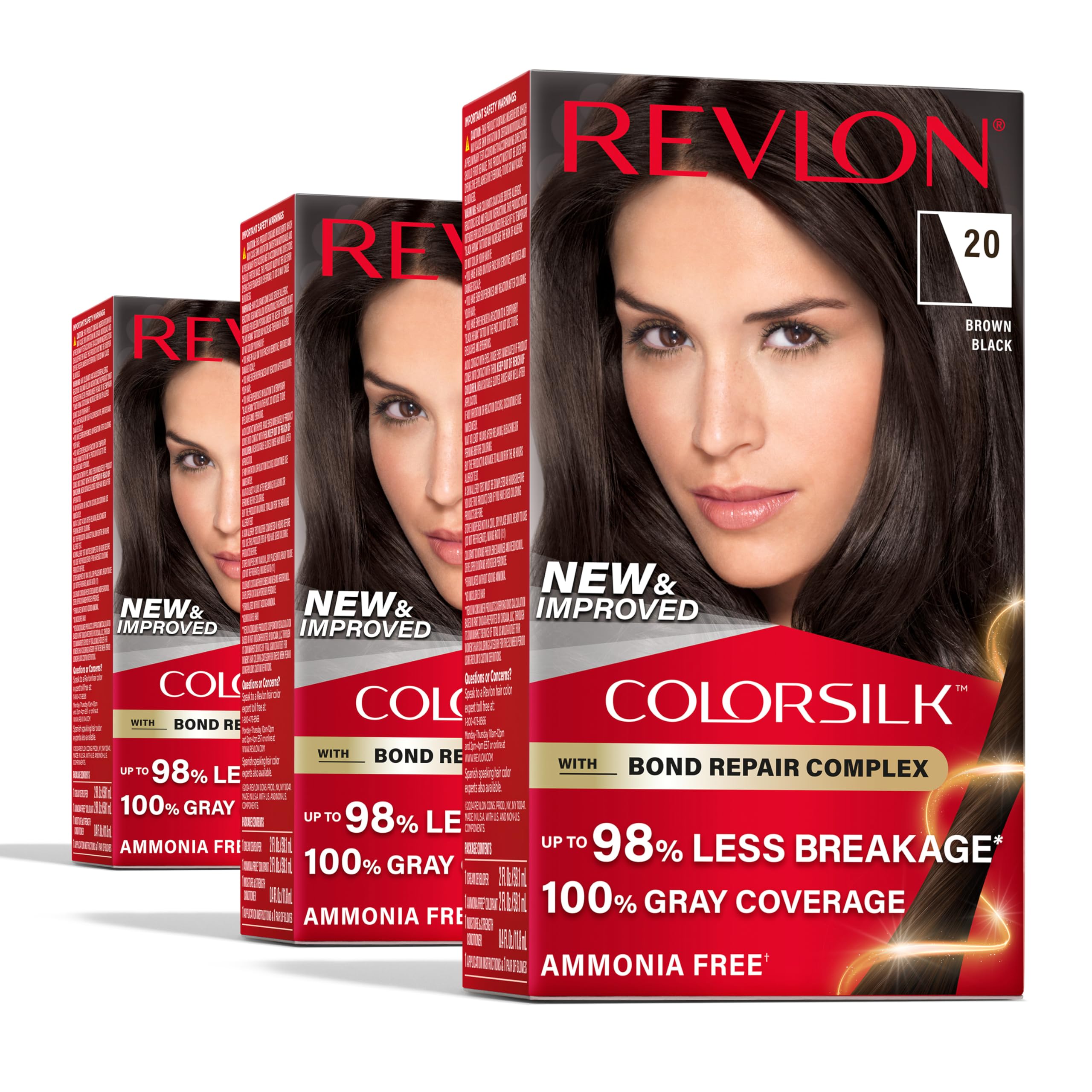 Revlon ColorSilk bond-repair-bottle shows ammonia-free gray coverage option.