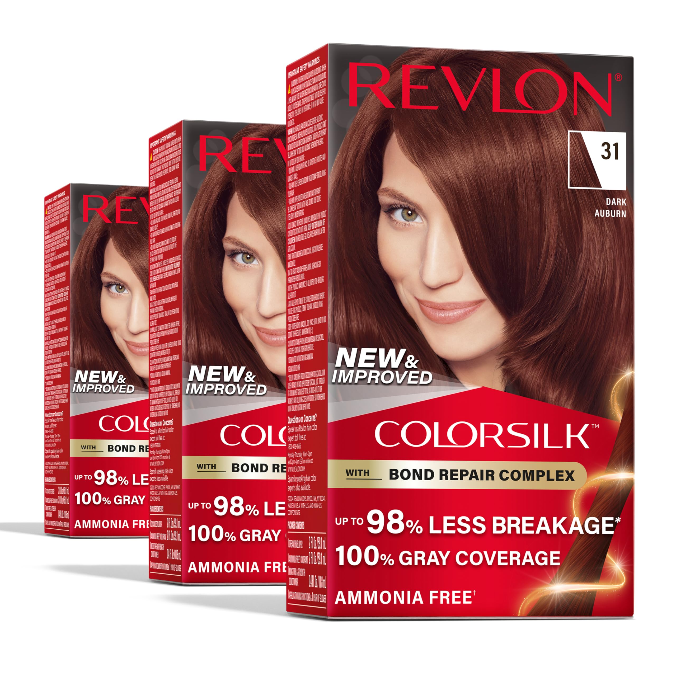 Revlon ColorSilk bond repair bottle highlights creamy, ammonia-free color formula for stronger hair.