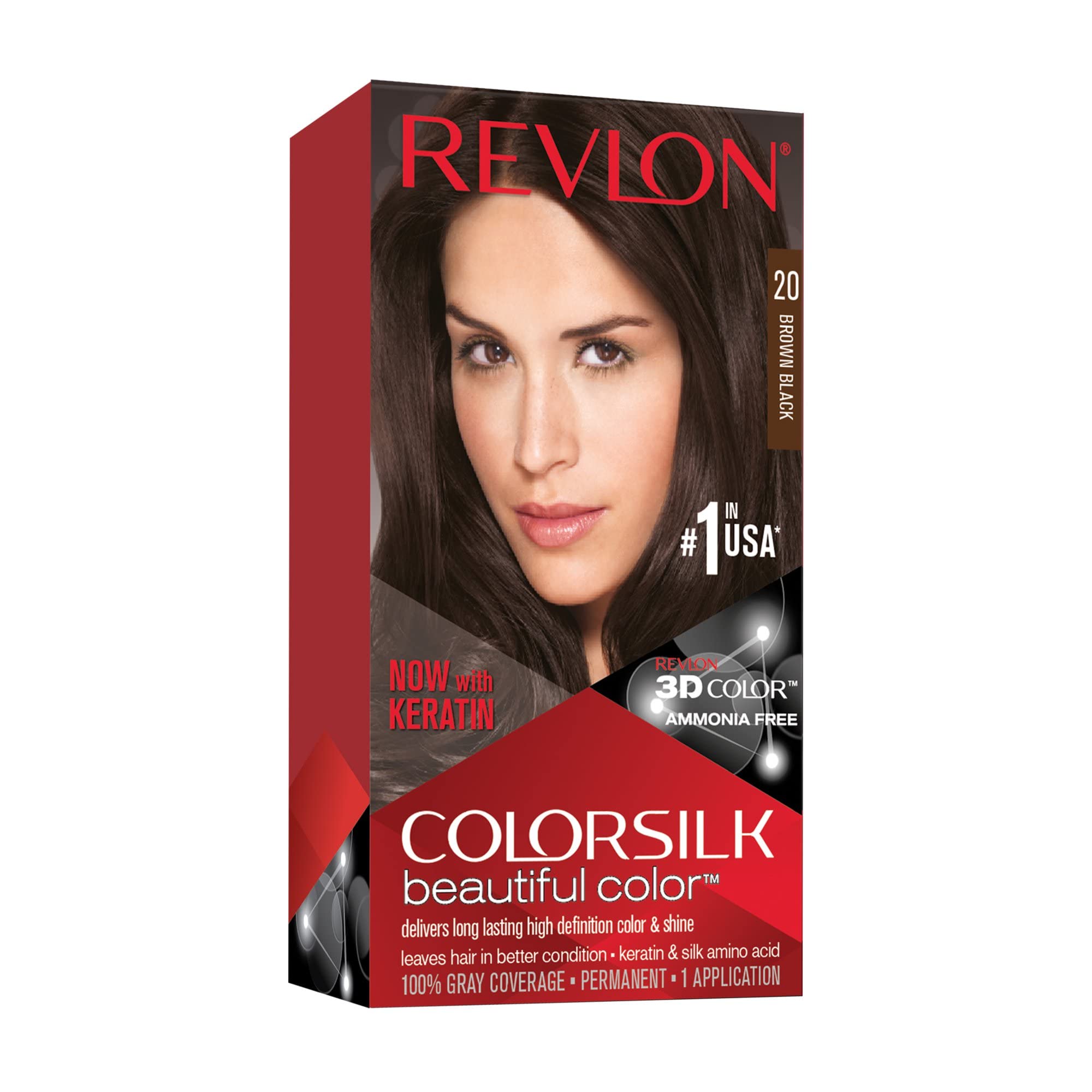Revlon ColorSilk bottle close-up showing deep brown-black shade for natural look.