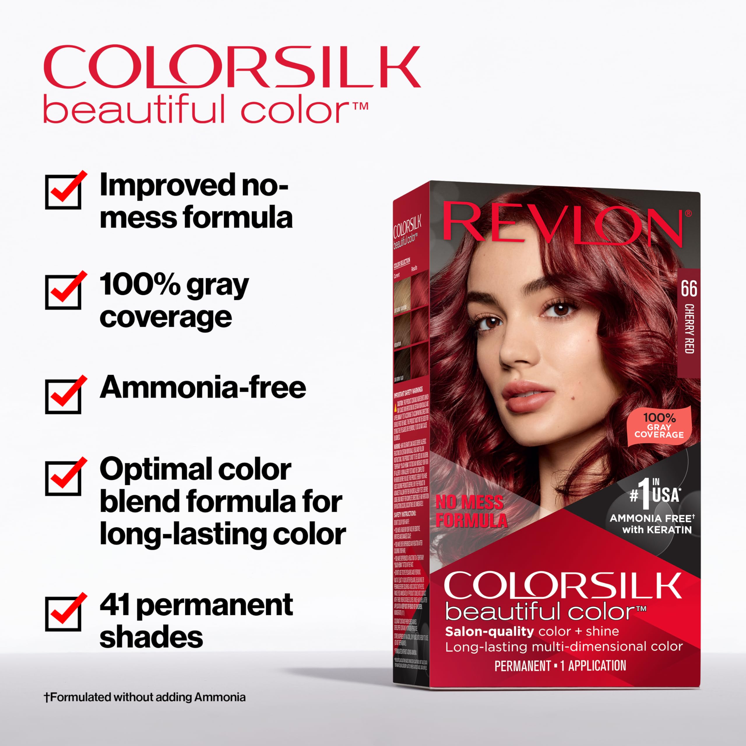 Revlon ColorSilk keratin-enriched formula nourishes hair during coloring for a healthier feel.
