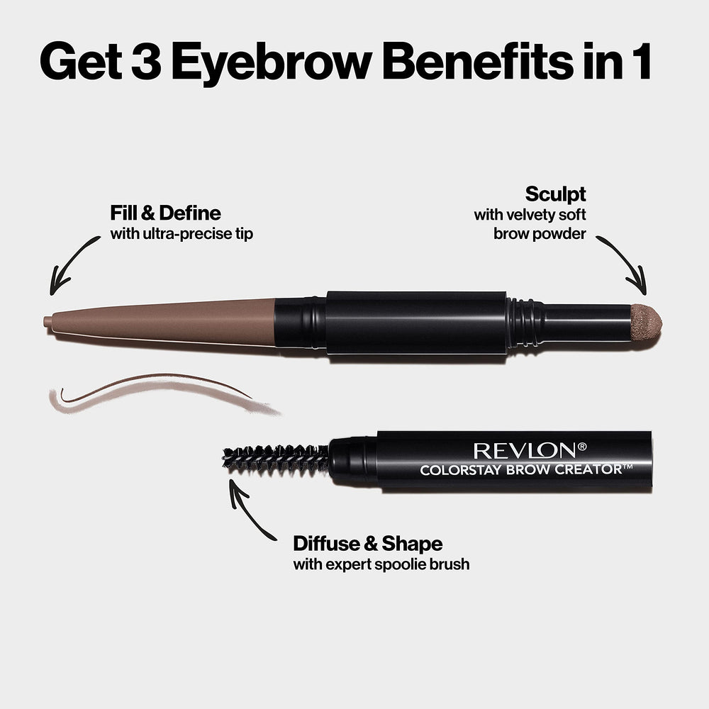 Revlon ColorStay Brow Creator swatches show natural shade range.