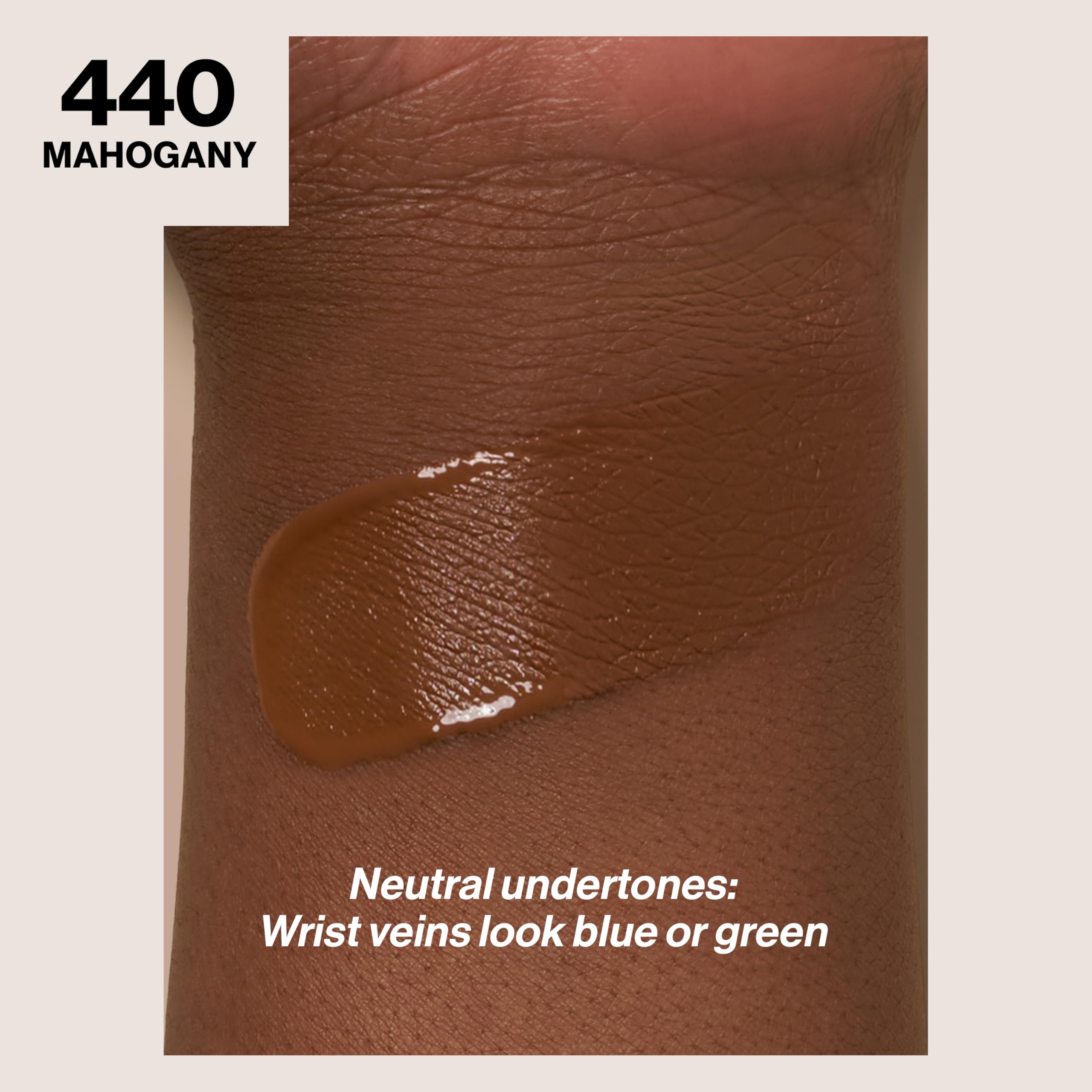 Revlon ColorStay foundation swirl illustrates buildable coverage and matte finish.