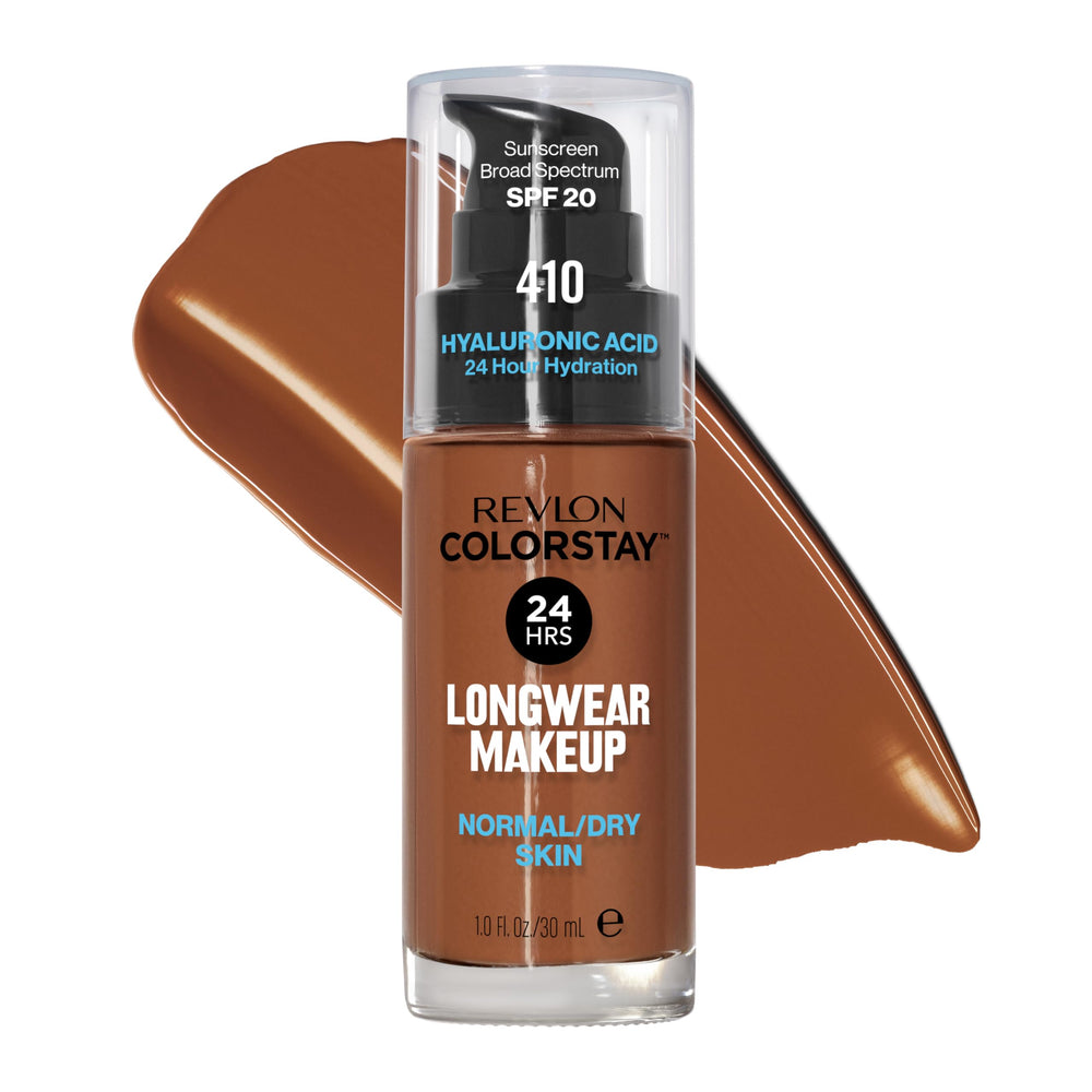 Revlon ColorStay longwear foundation 410 cappuccino bottle pour demonstrates transfer-resistant coverage.
