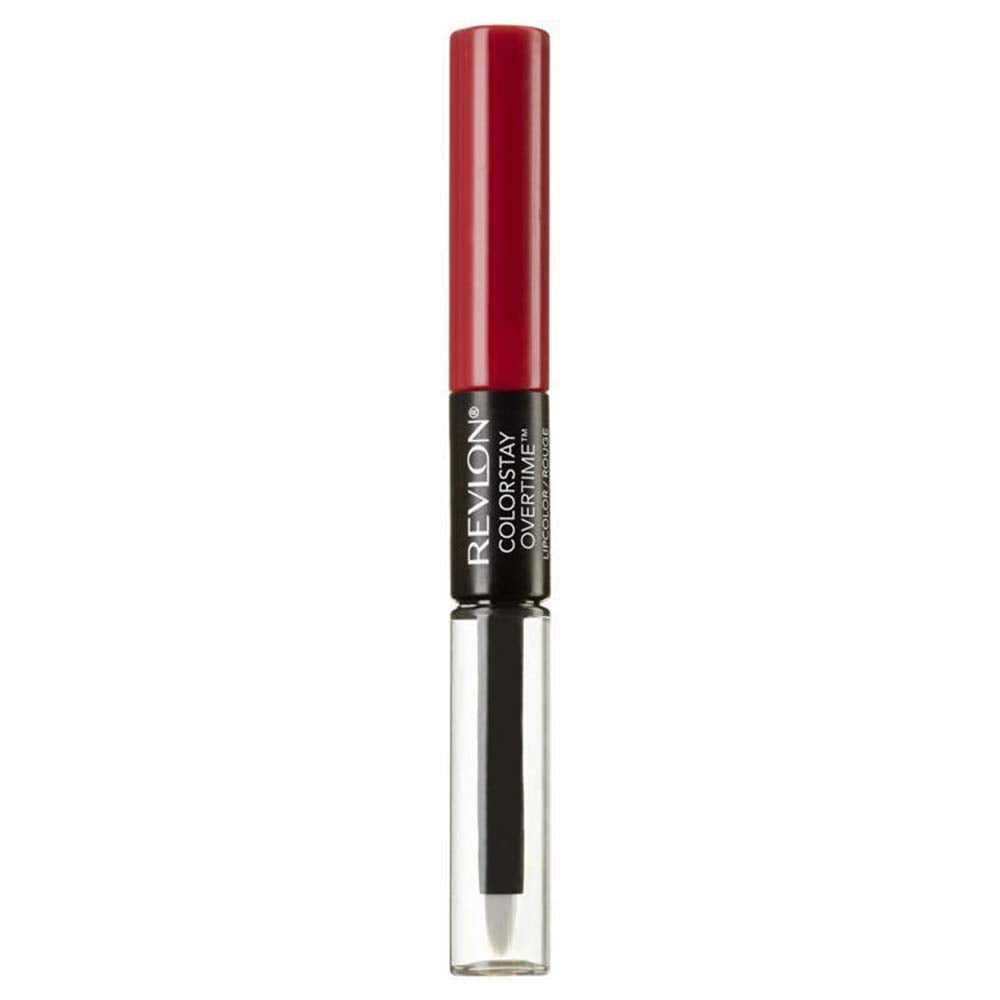 REVLON ColorStay Overtime Lip Color Forever Scarlett swatch in a two-pack for bold, long-lasting color