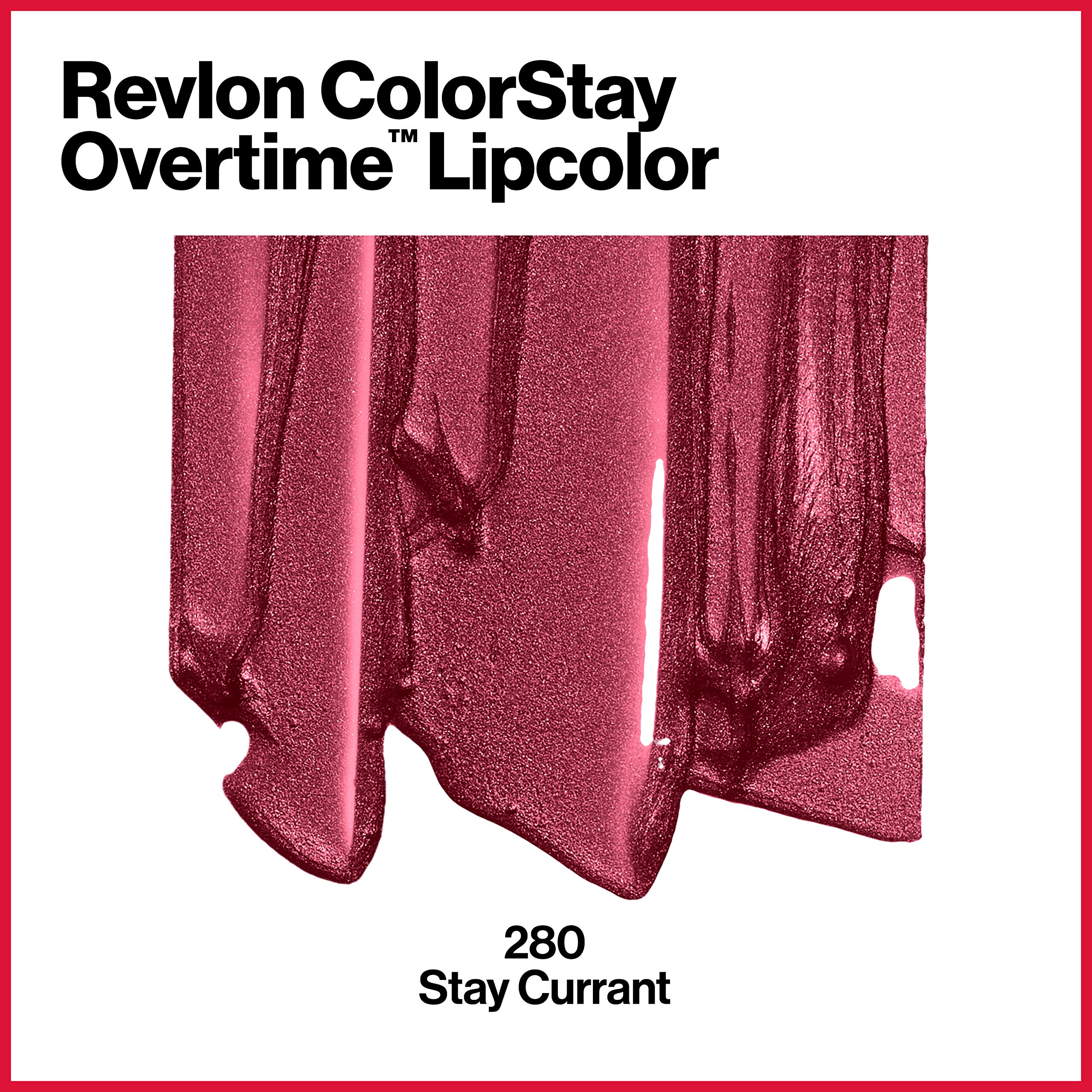 Revlon ColorStay Overtime Lip Color Stay Currant swatch on arm demonstrates rich shade payoff and even tone
