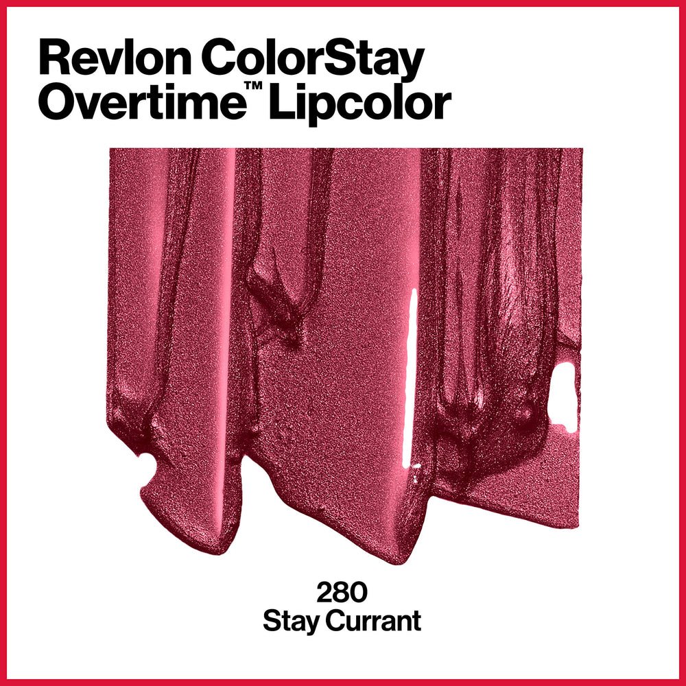 Revlon ColorStay Overtime Lip Color Stay Currant swatch on arm demonstrates rich shade payoff and even tone