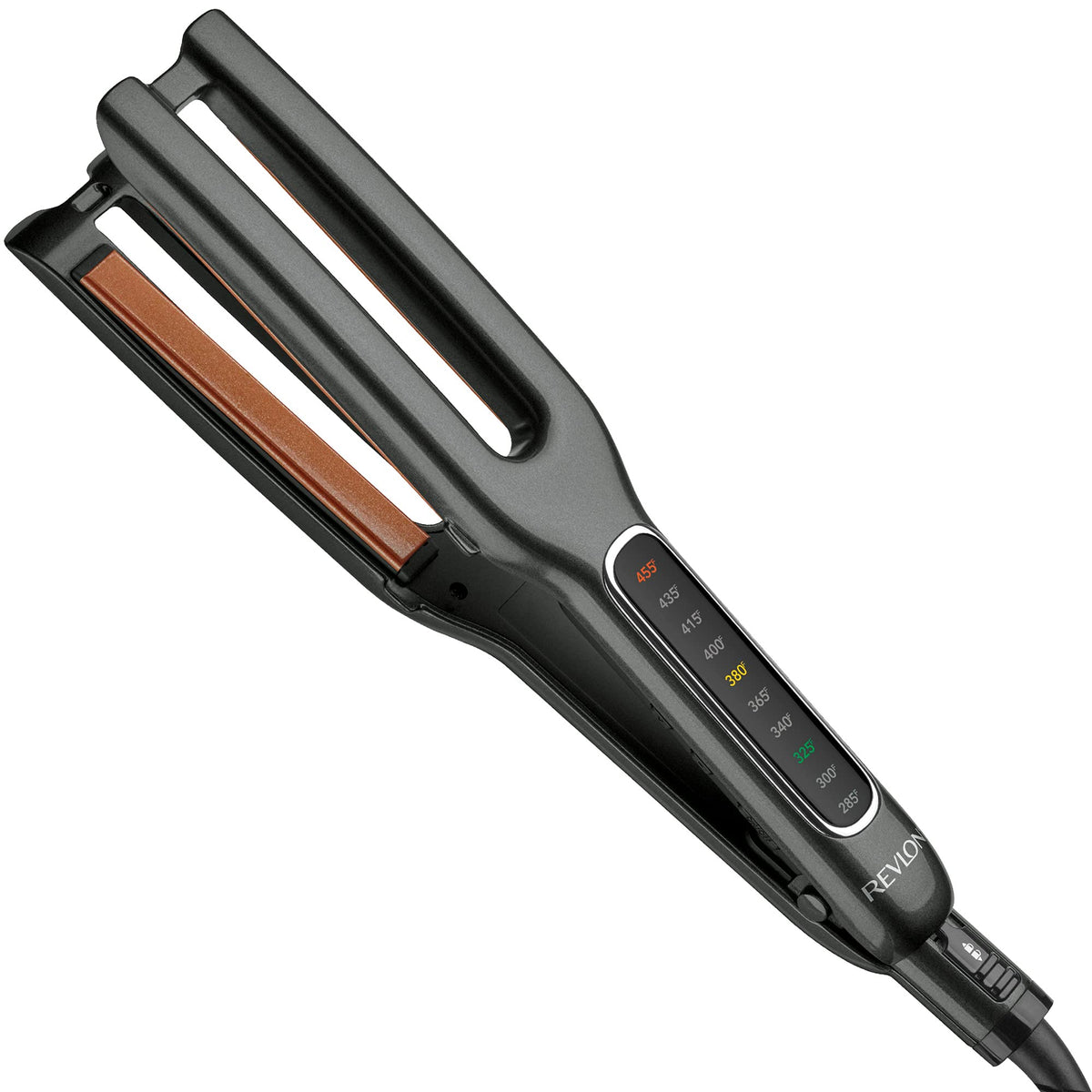 REVLON Double Straight copper ceramic dual-plate closeup captures one-pass styling capability