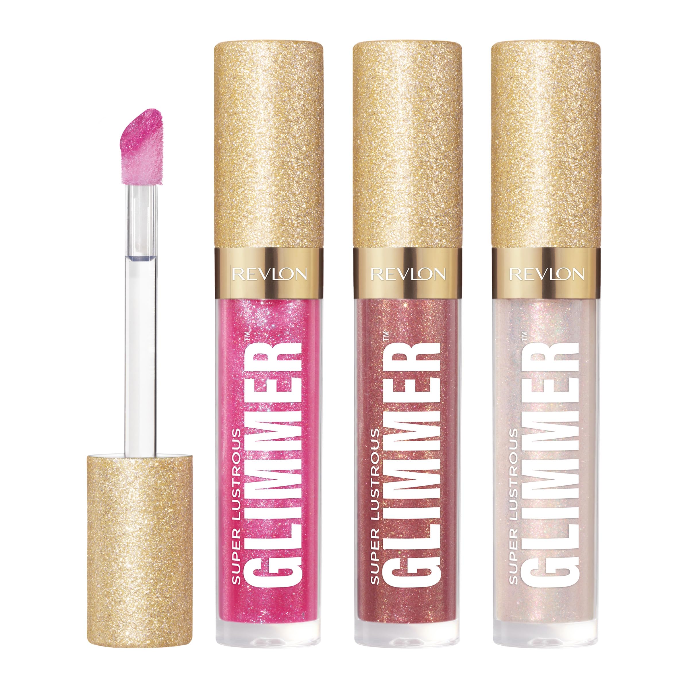 Revlon Glimmer Gloss Rose Glow applicator shows smooth glide for quick lip shine.