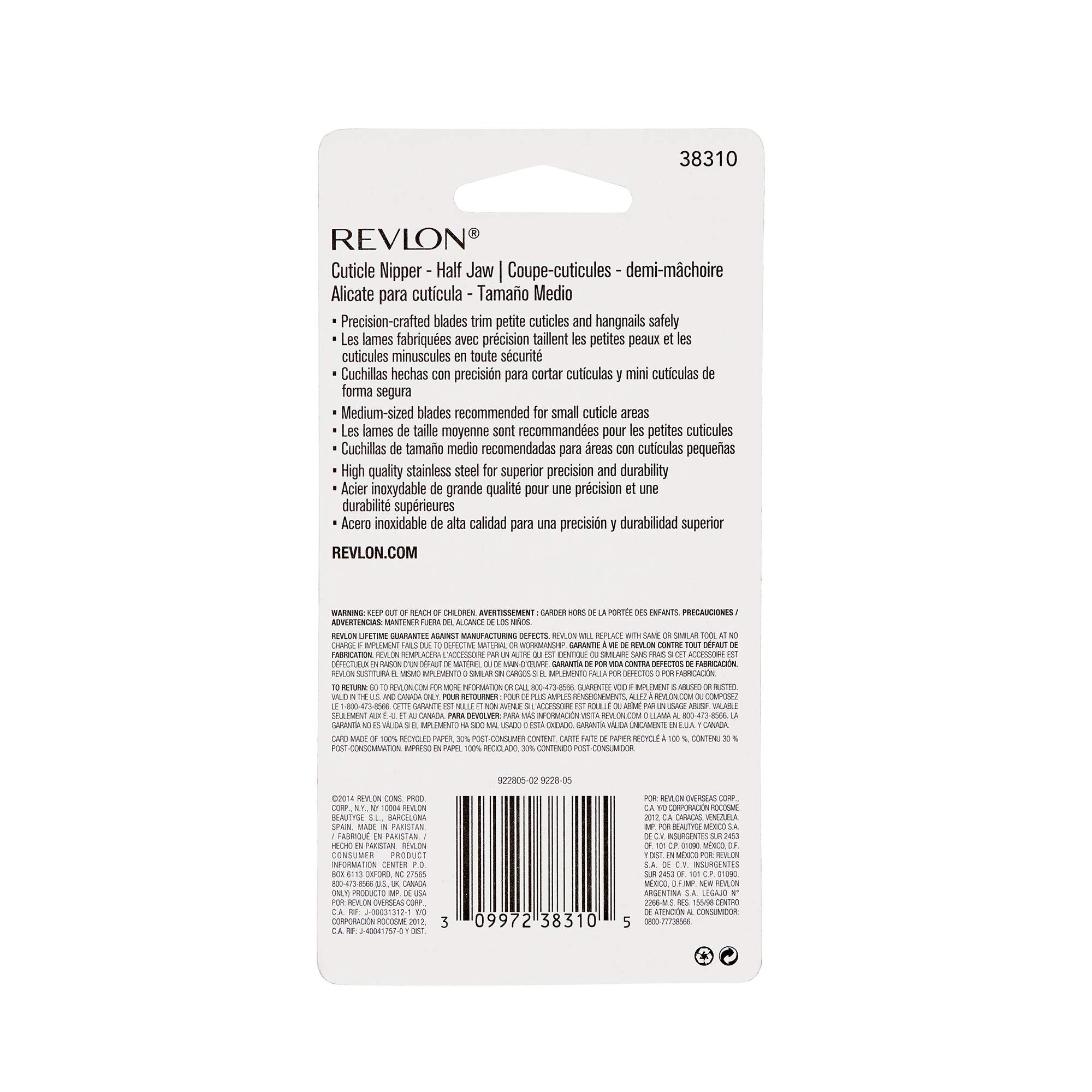 Revlon Half Jaw Cuticle Nipper stainless-steel blades ensure durable, precise trimming.