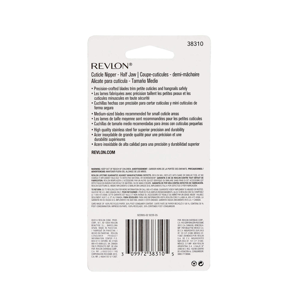 Revlon Half Jaw Cuticle Nipper stainless-steel blades ensure durable, precise trimming.