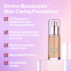 Revlon Illuminance bottle top-down view highlights easy pump application.