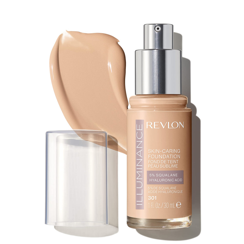 Revlon Illuminance foundation bottle close-up highlights luminous hydration.