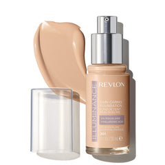 Revlon Illuminance foundation bottle close-up highlights luminous hydration.