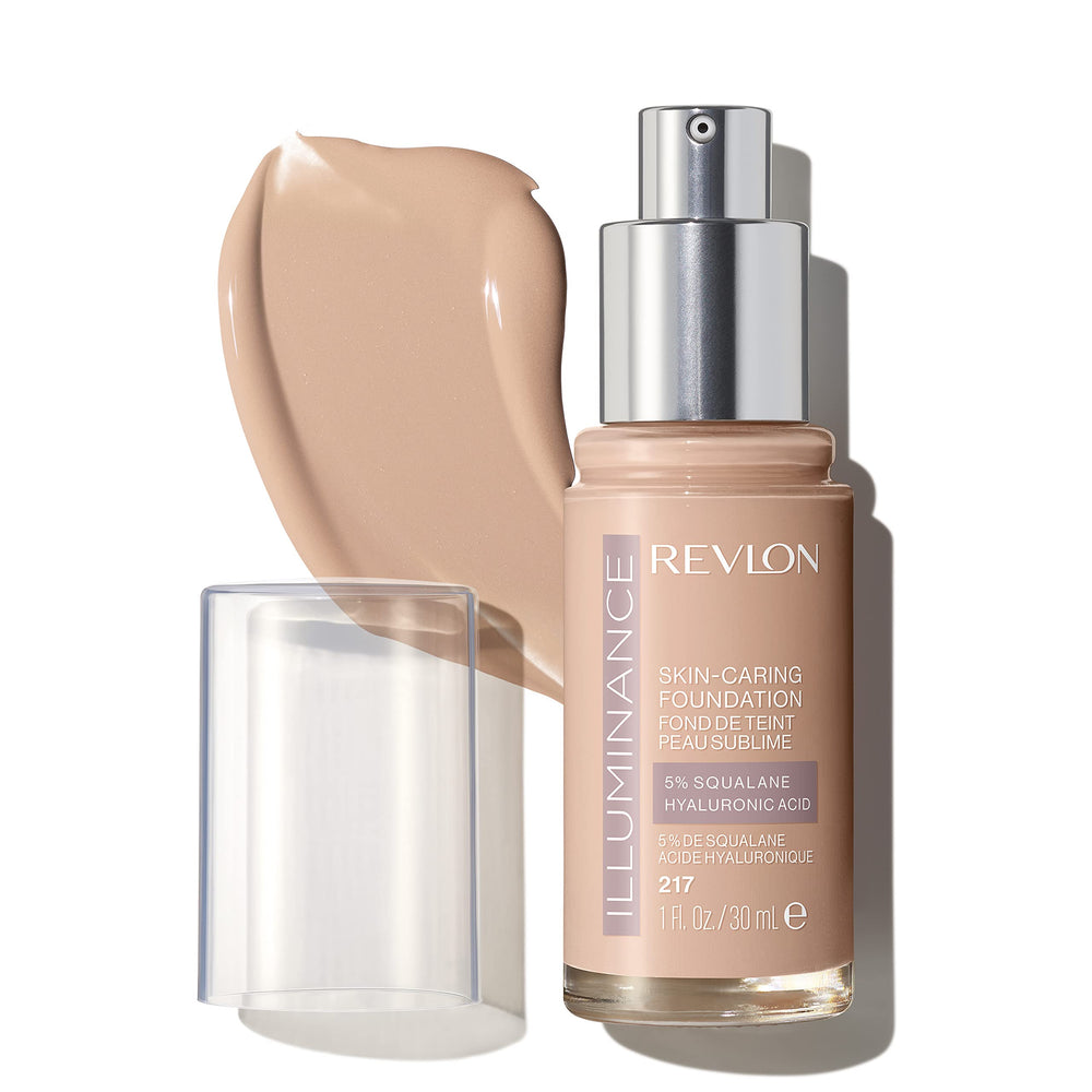 Revlon Illuminance foundation bottle close-up showing hydrating formula for radiant skin