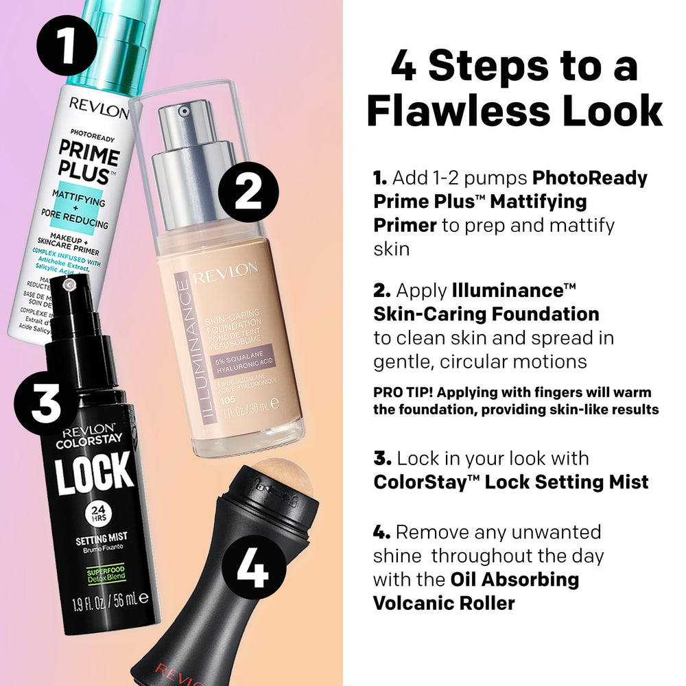 Revlon Illuminance formula shown as paraben- and fragrance-free.