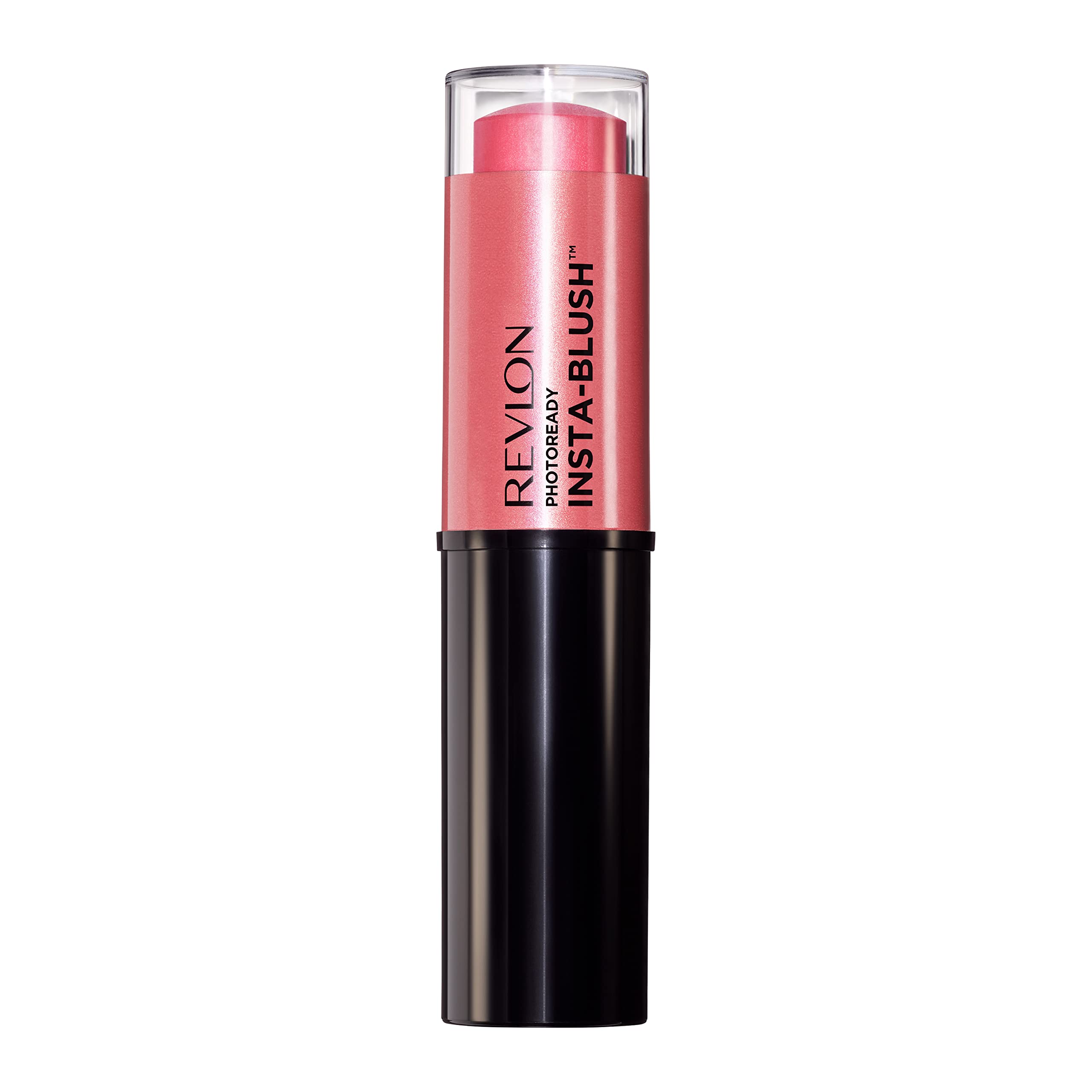 Revlon Insta-Blush Stick application closeup shows quick blend for radiant cheeks.
