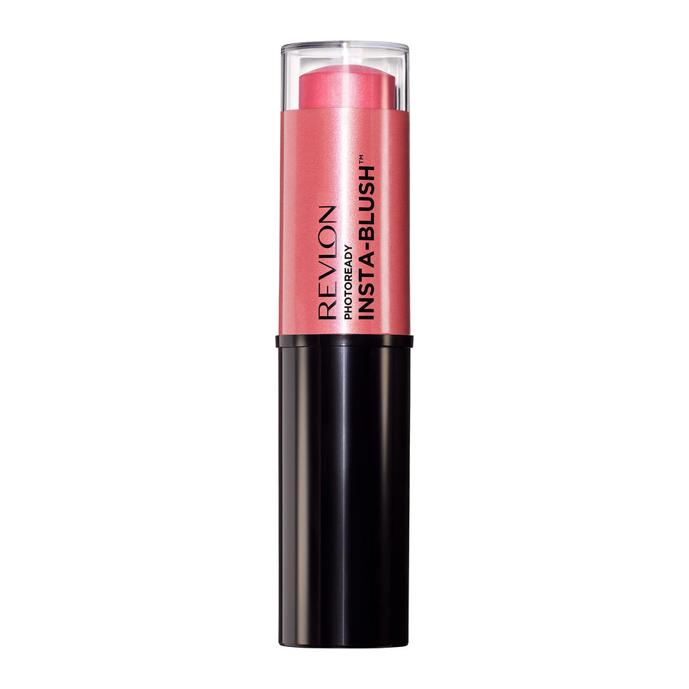 Revlon Insta-Blush Stick application closeup shows quick blend for radiant cheeks.