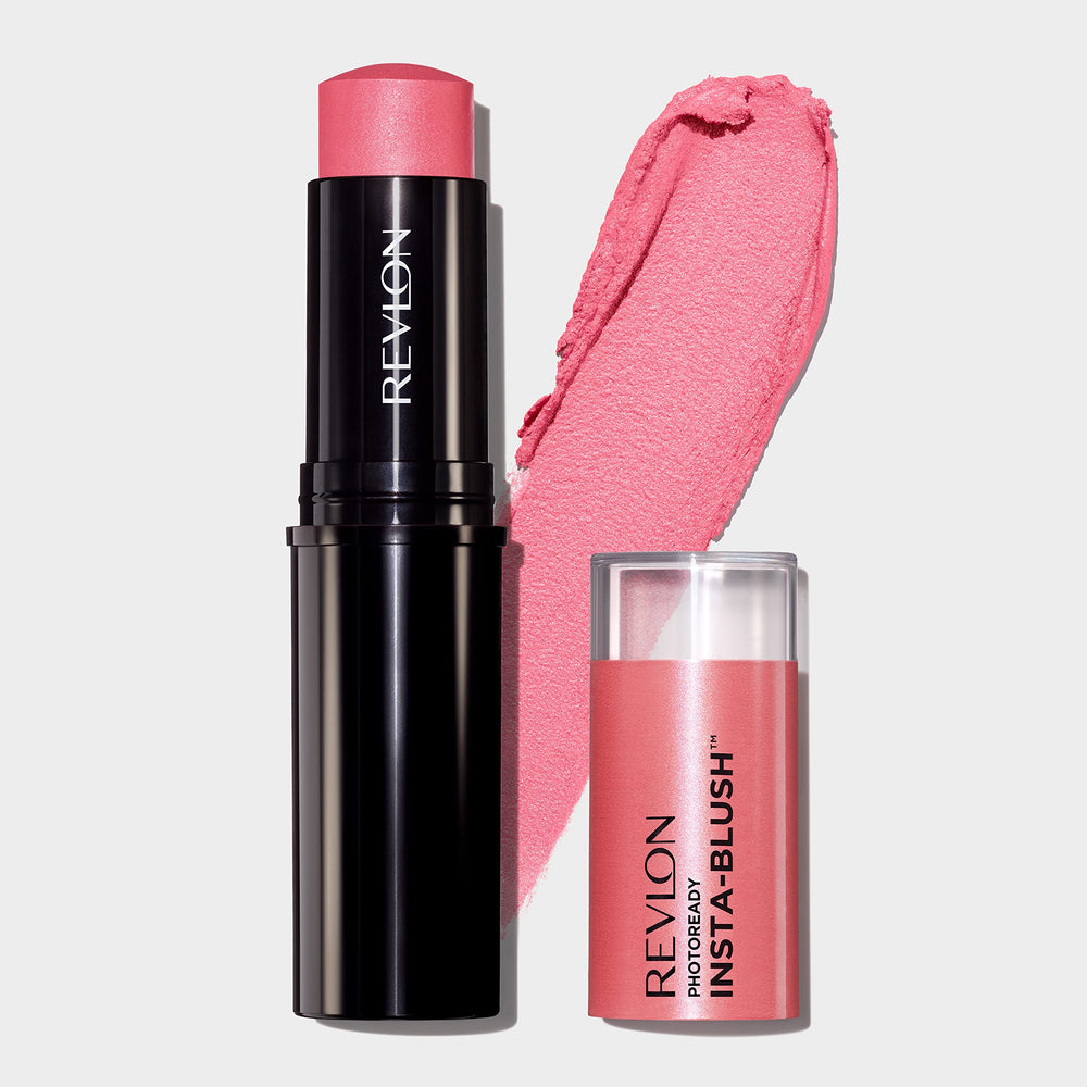 Revlon Insta-Blush Stick swatch on cheek highlights buildable, natural-looking color.