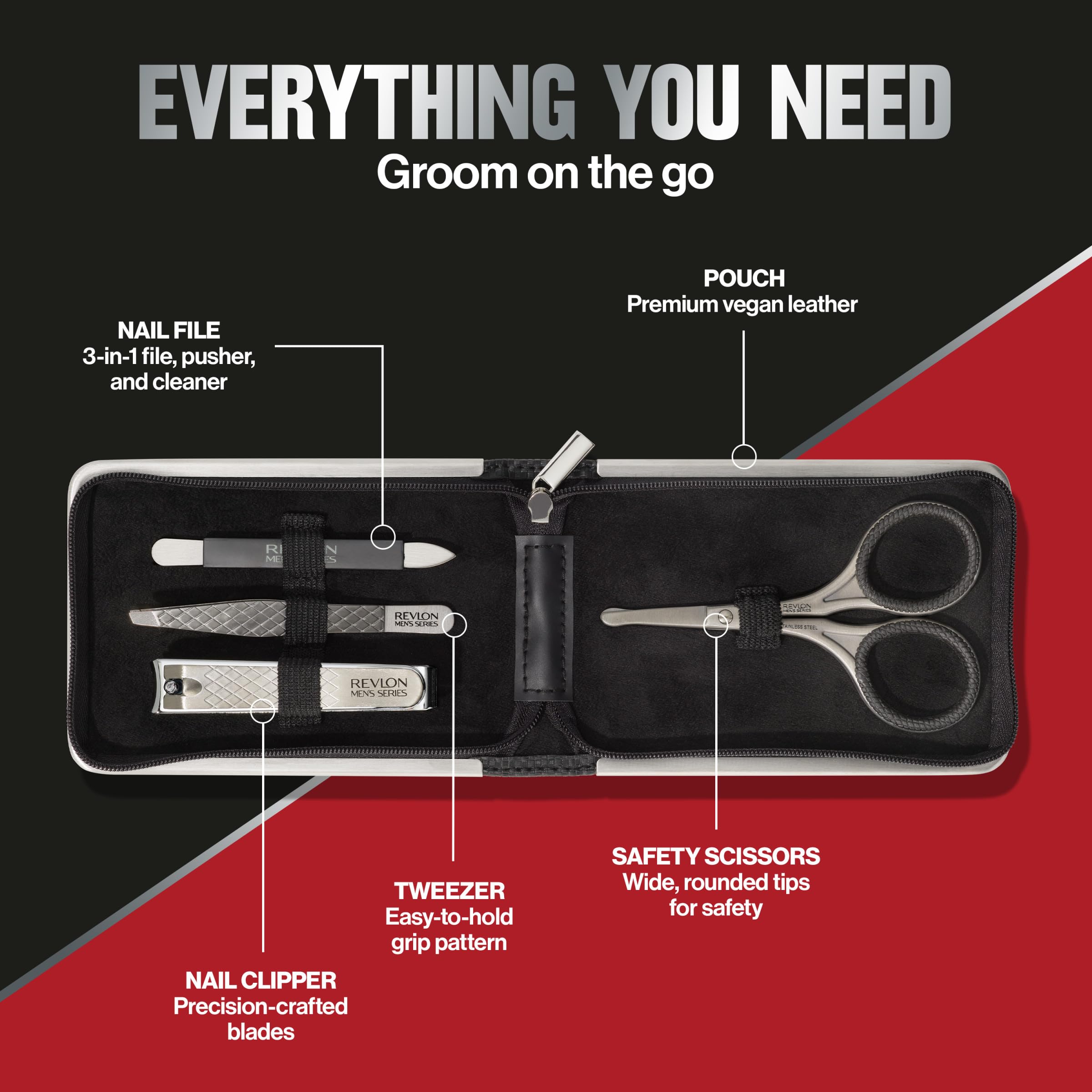 Revlon Men's Series dual-ended nail clipper offers precise cuts.