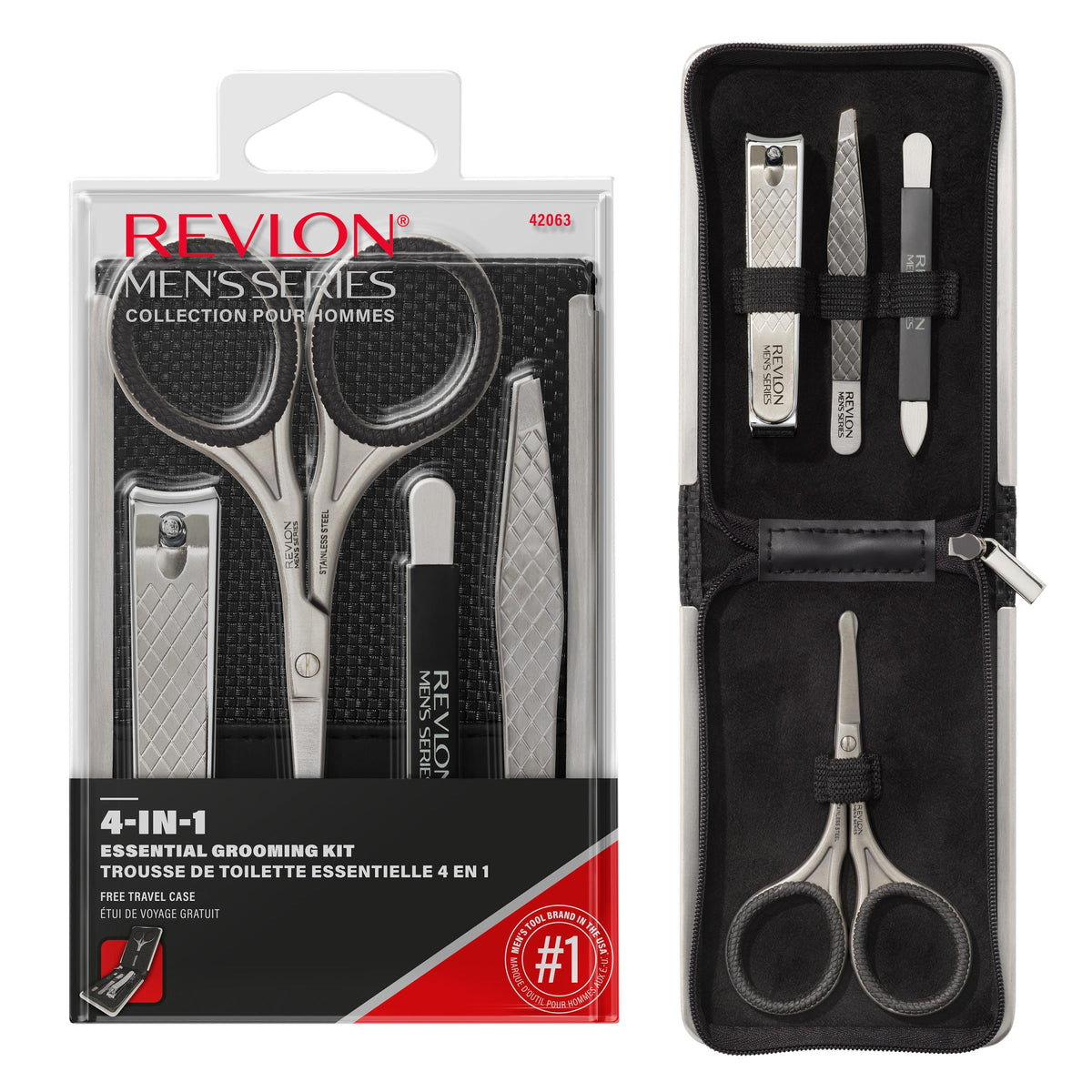 Revlon Men's Series grooming kit travel case open for on-the-go organization.