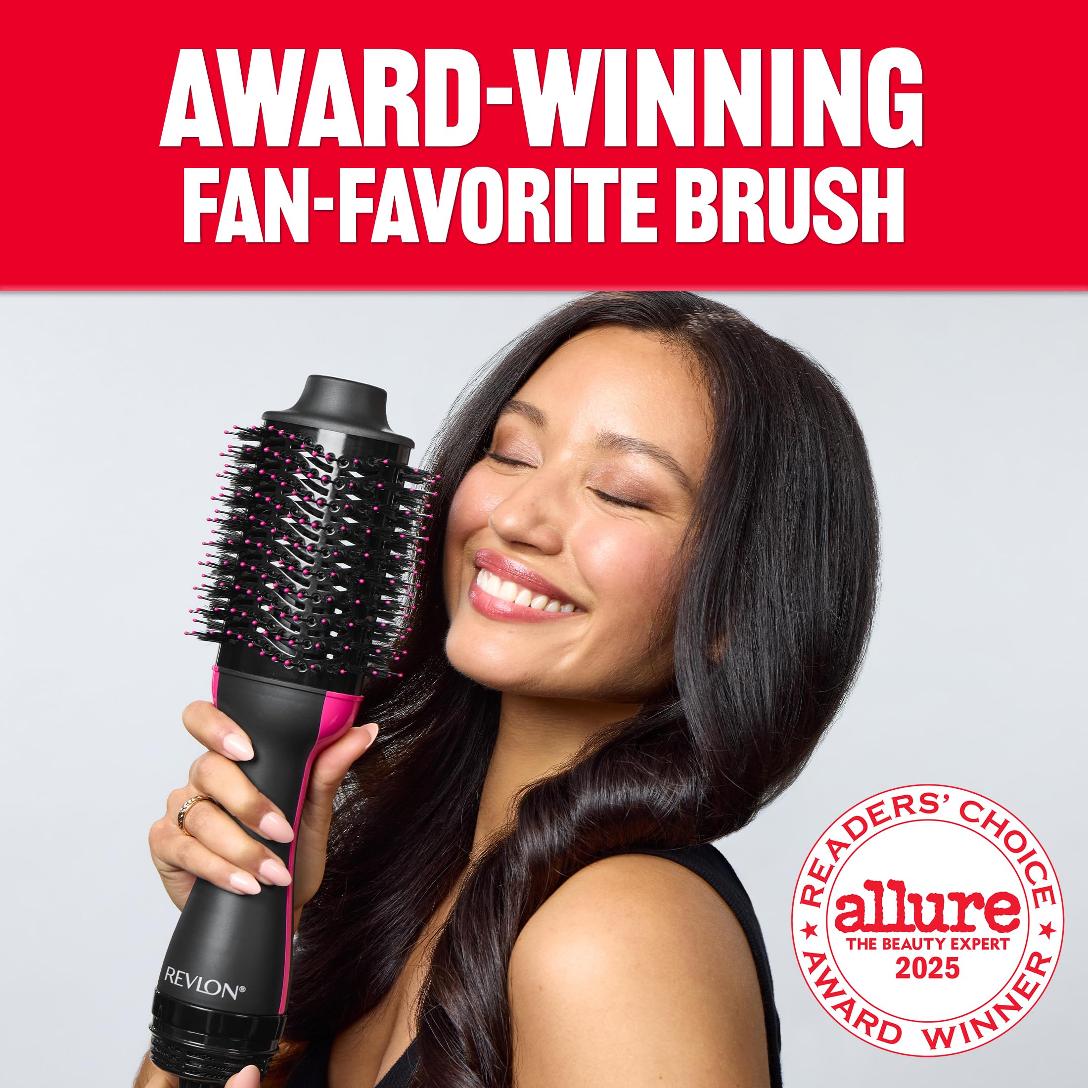 REVLON tool in use drying damp hair to smooth and add volume in one step