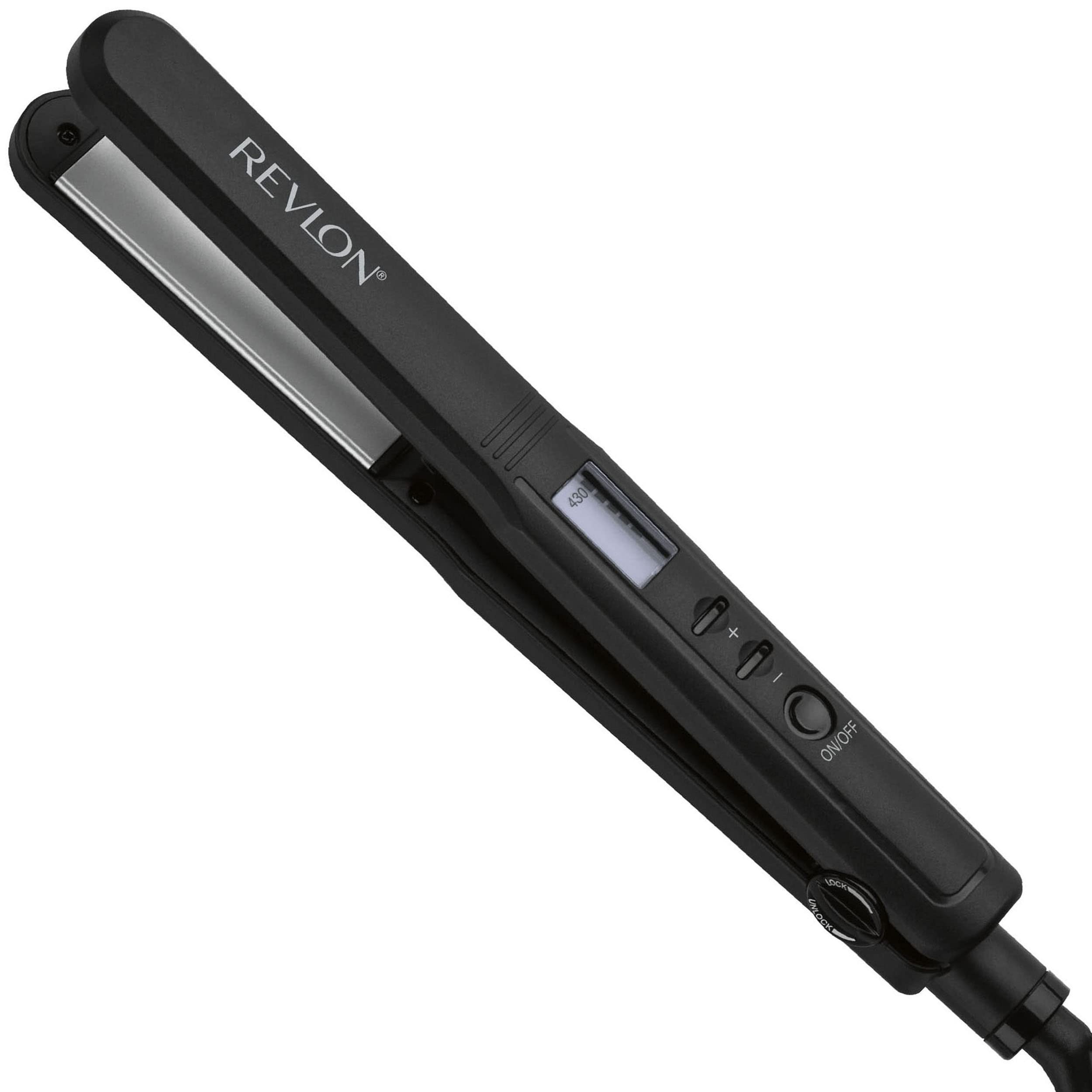 REVLON Perfect Heat ceramic flat iron close-up of 1-inch plates for efficient straightening