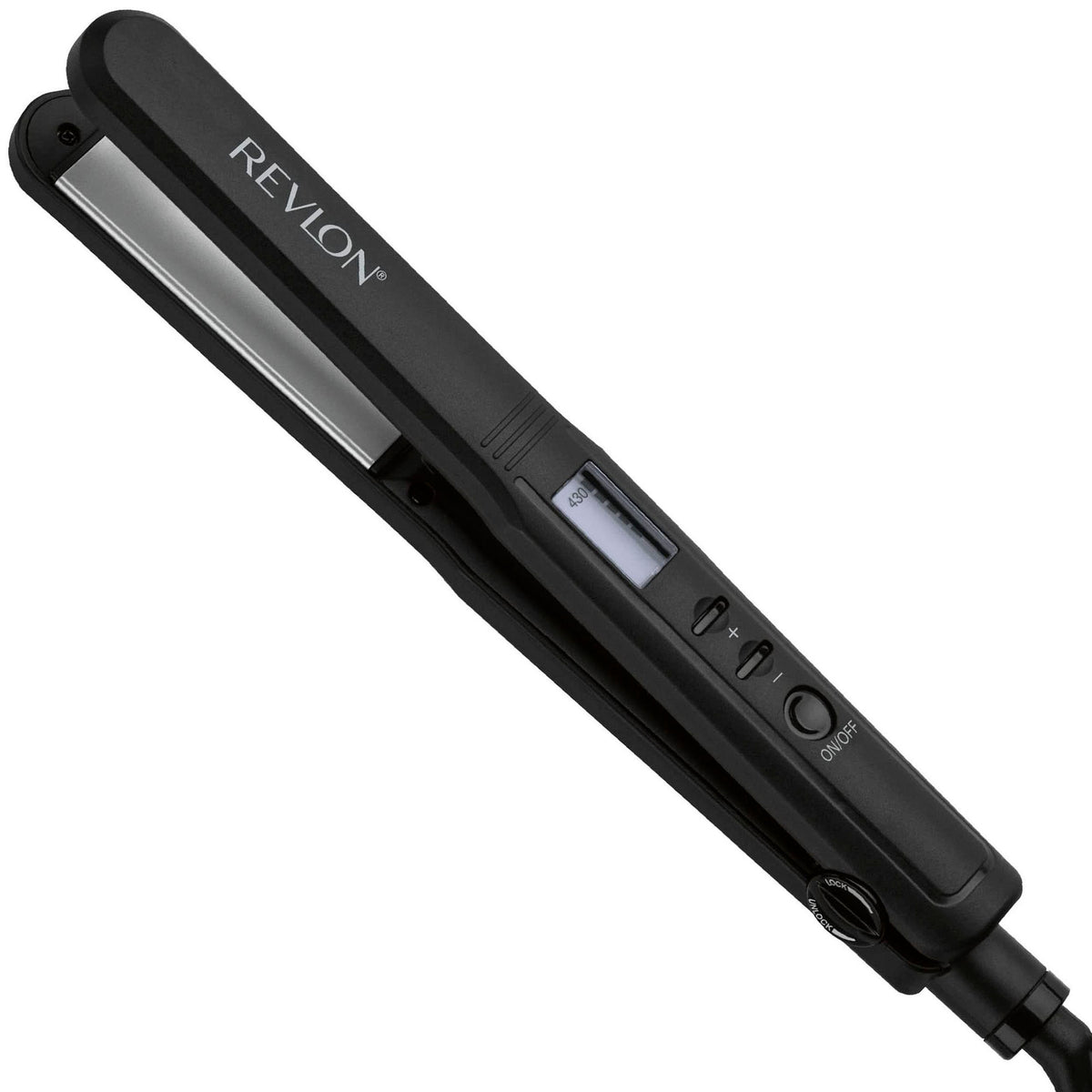 REVLON Perfect Heat ceramic flat iron close-up of 1-inch plates for efficient straightening