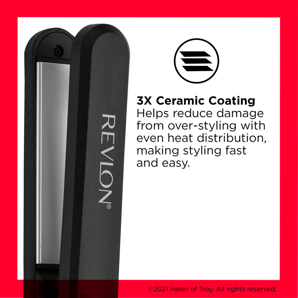 REVLON Perfect Heat ceramic flat iron shows 430°F heat readout for fast styling