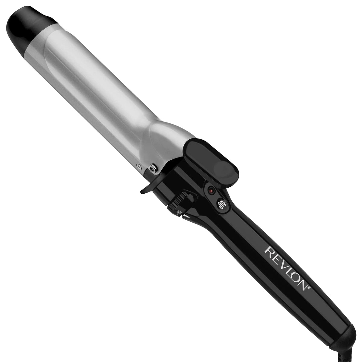 Revlon Perfect Heat curling iron closeup showing the one-and-a-half-inch barrel for loose curls.