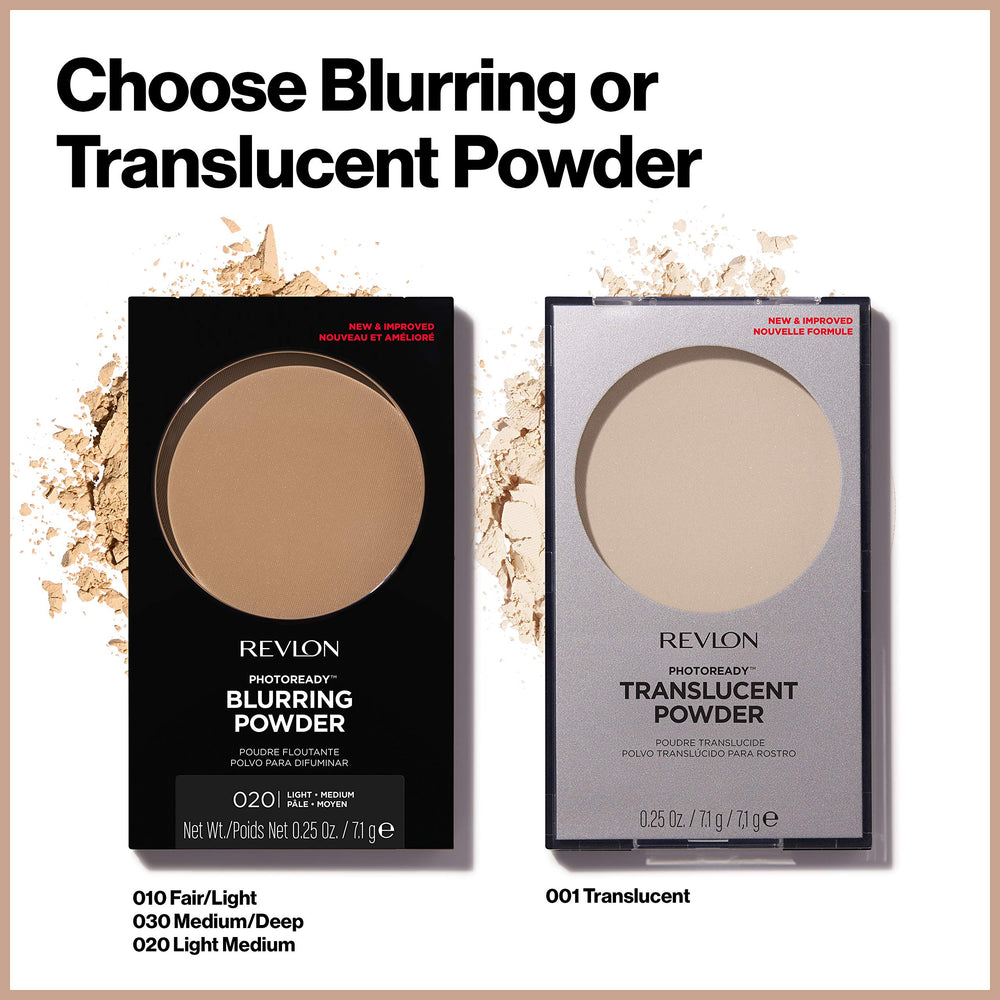Revlon PhotoReady Blurring Powder on dresser suggests easy daily makeup routine use.