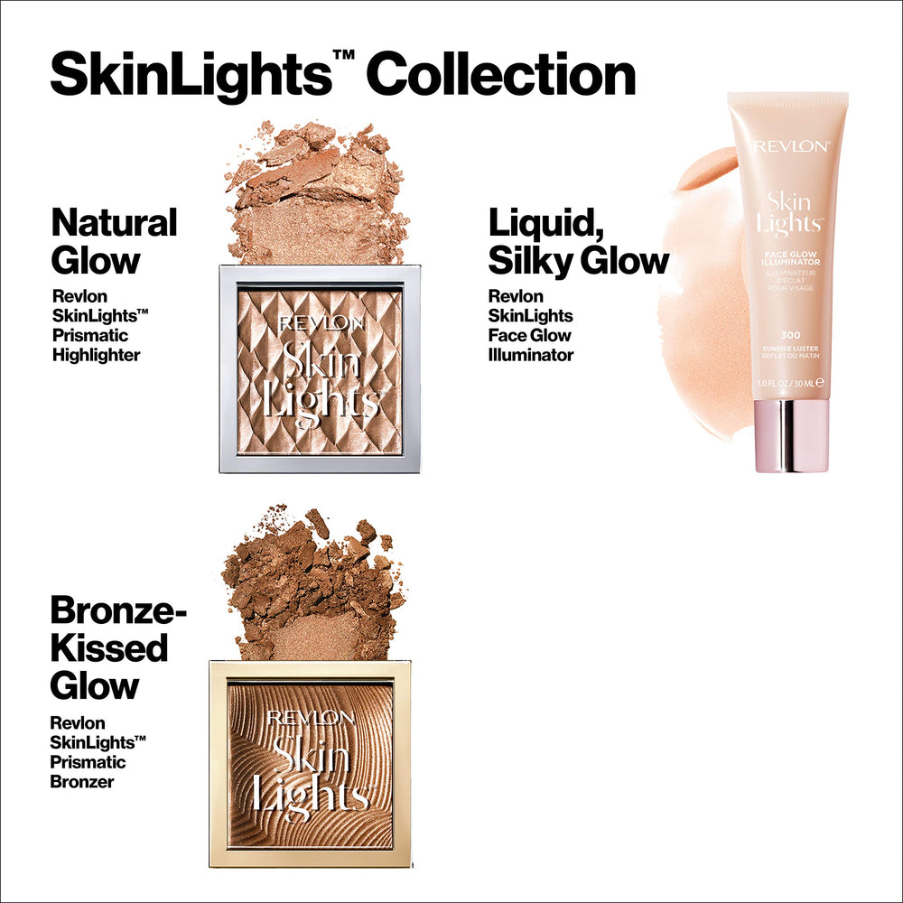 REVLON Skinlights prismatic bronzer shimmer-particles show light-reflecting pigments for radiant skin.