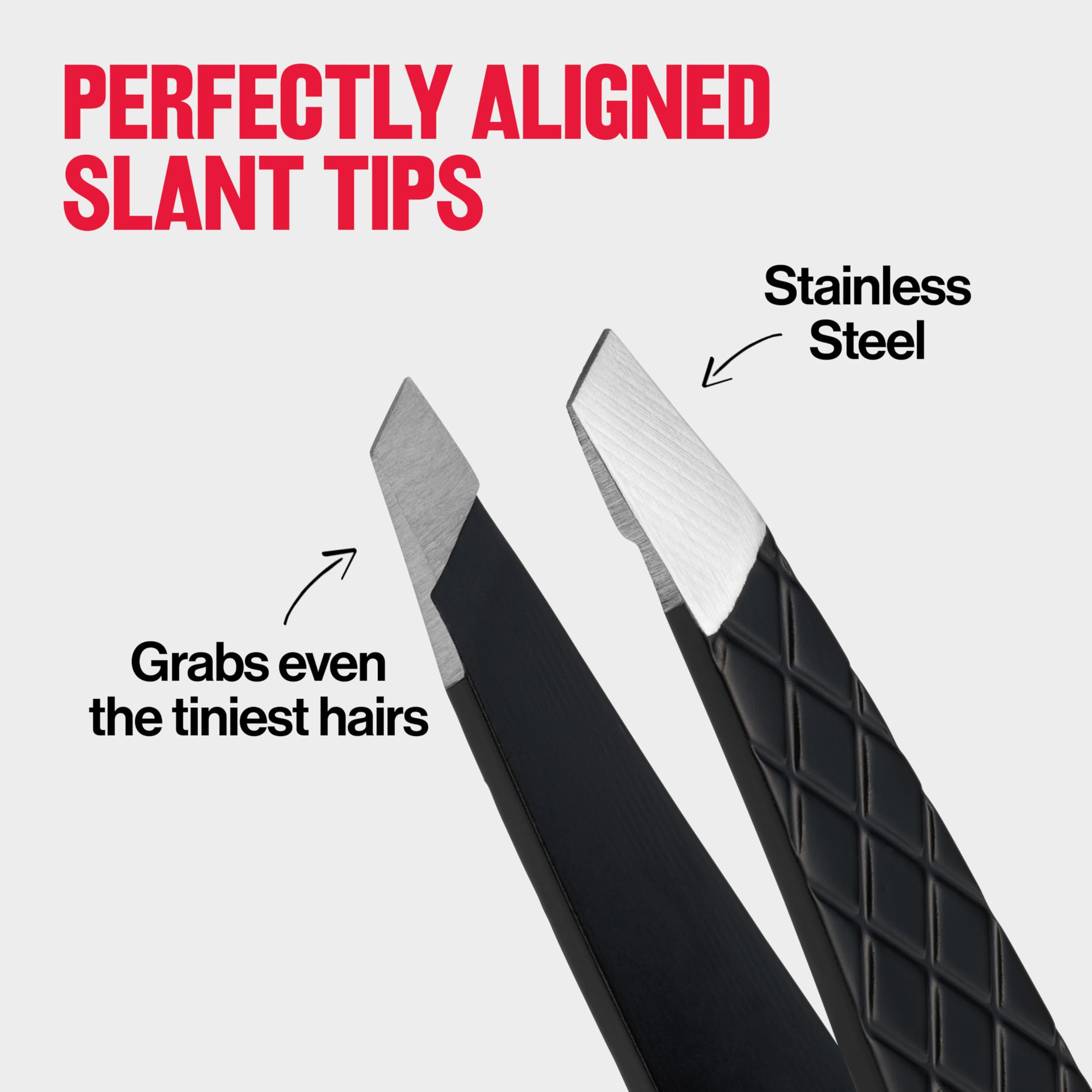 Revlon slant tweezer held in hand showing scale and ergonomic control
