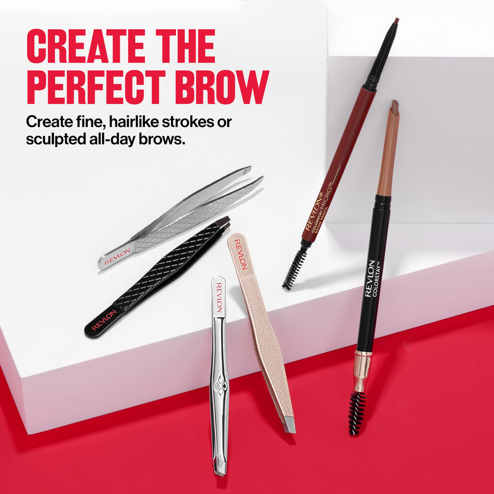Revlon slant tweezer on vanity with cosmetics suggesting daily grooming use