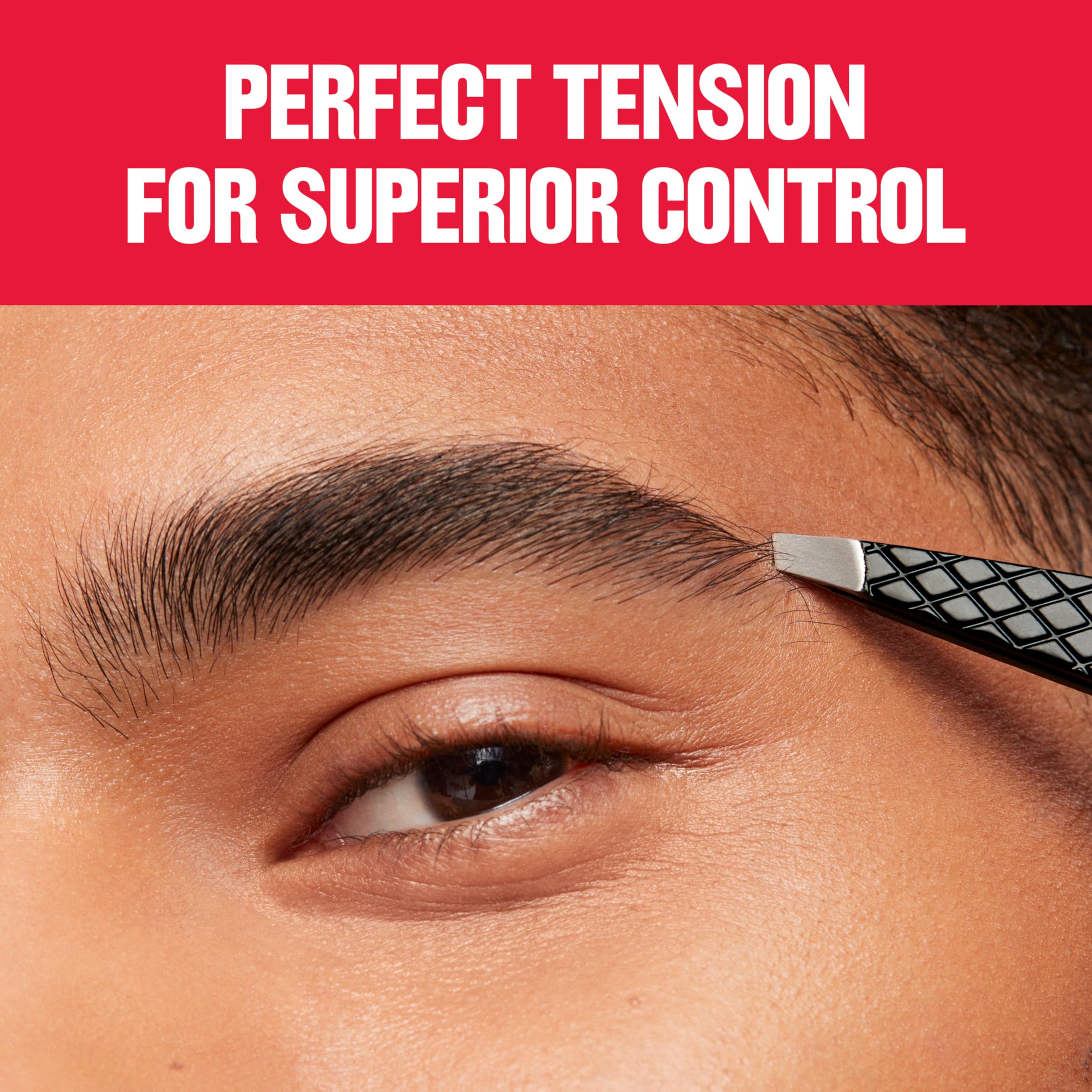 Revlon slant tweezer next to makeup bag showing travel-ready convenience