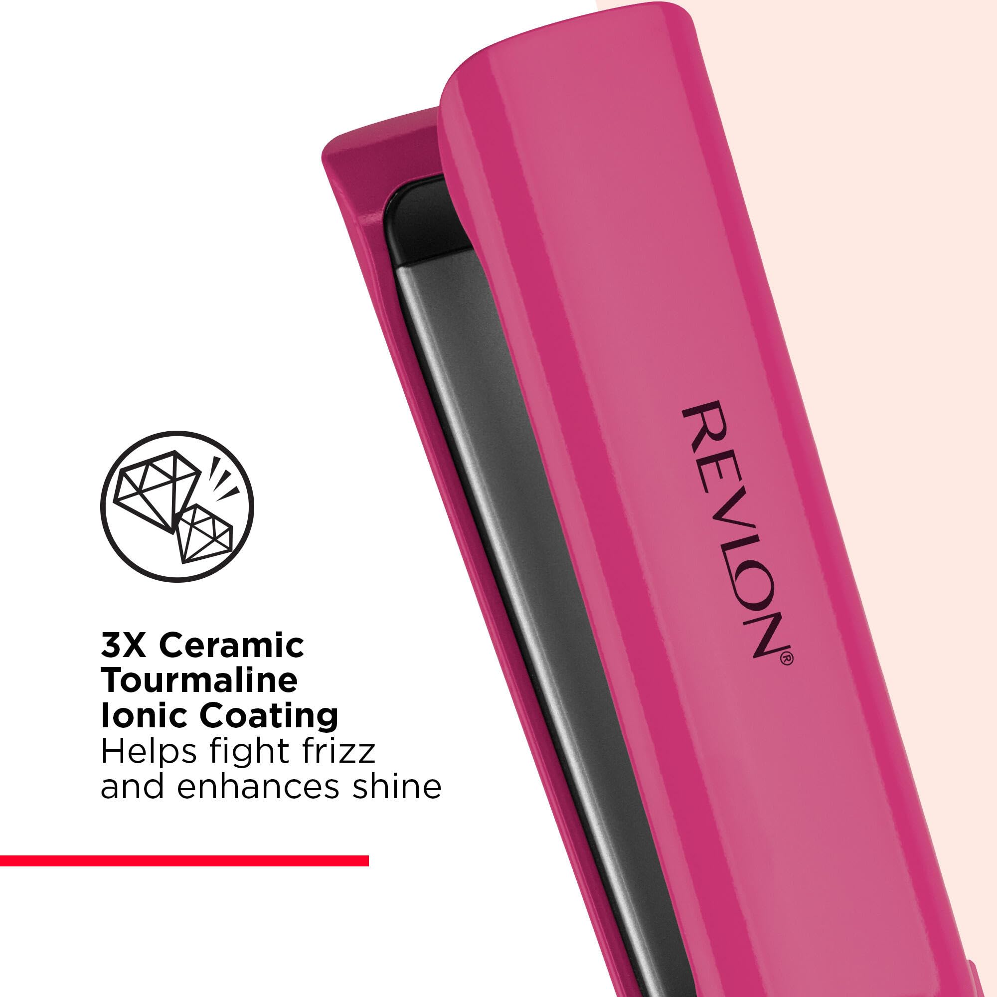 Revlon Smooth Brilliance flat iron shows ten heat settings up to 455F for precise styling.