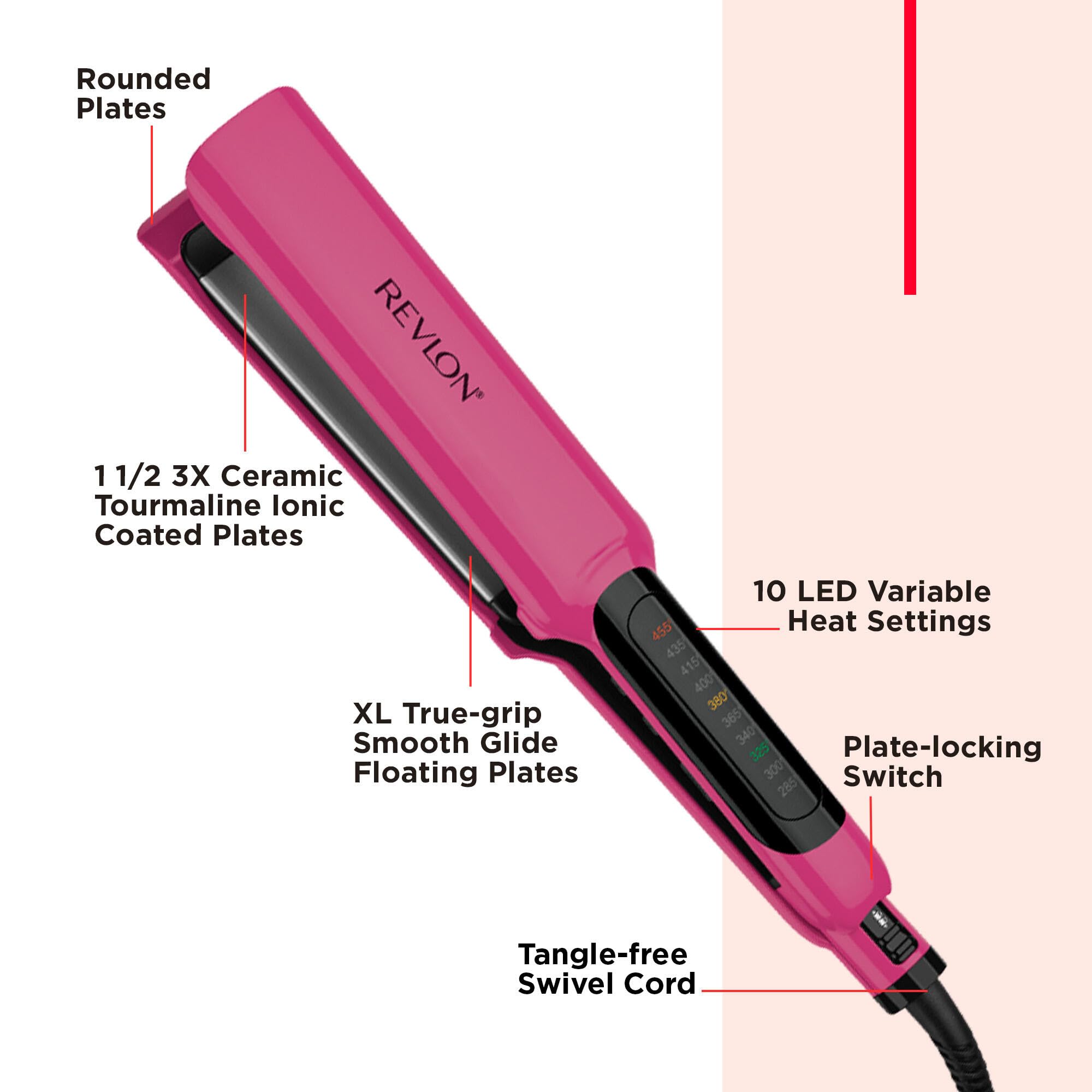 Revlon Smooth Brilliance flat iron True-Grip glide for effortless straightening and control.