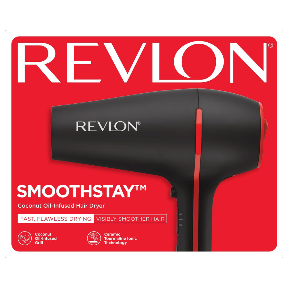 REVLON SmoothStay diffuser-in-use scene shows volume and gentle curls