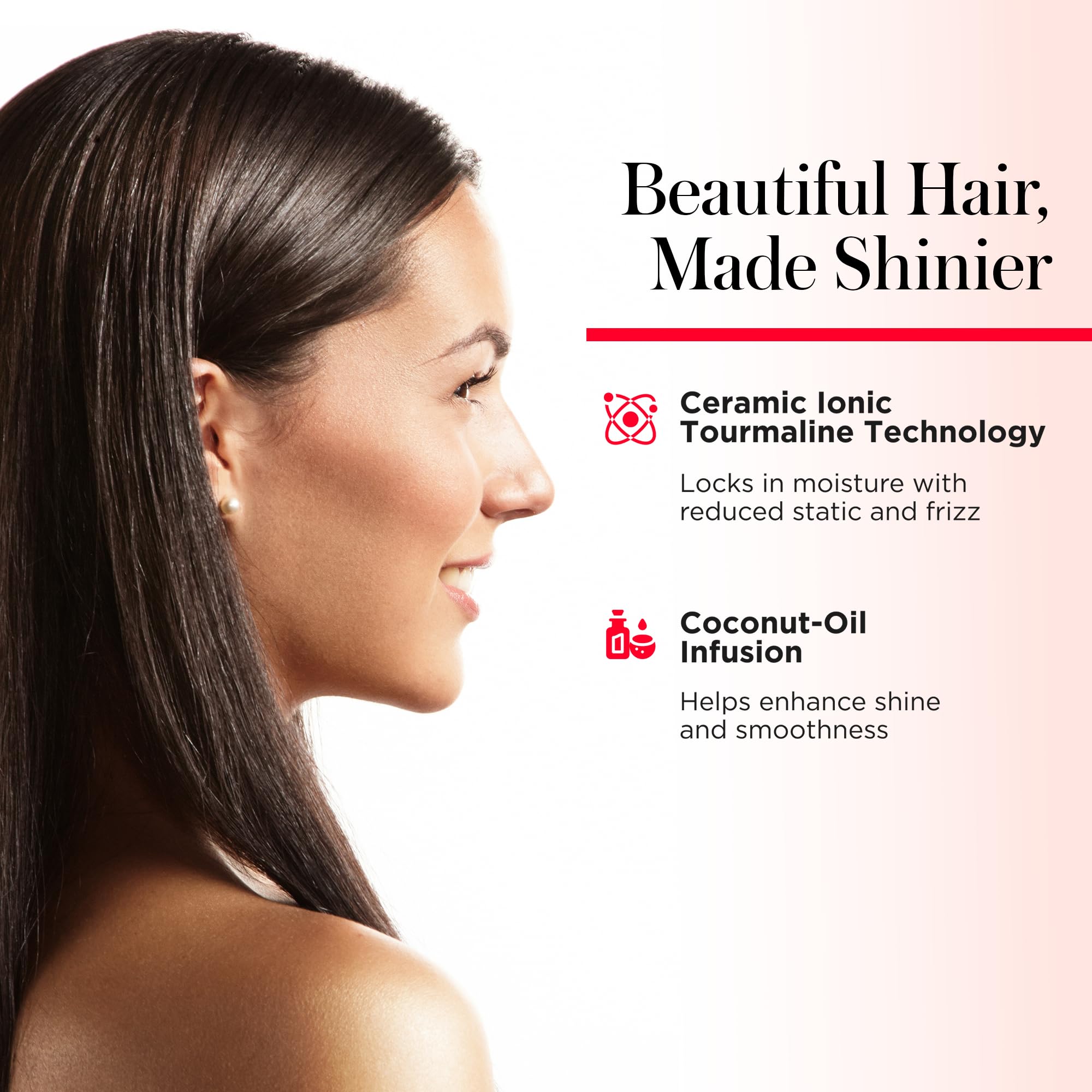 REVLON SmoothStay tourmaline ionic tech reduces static for frizz-free results.