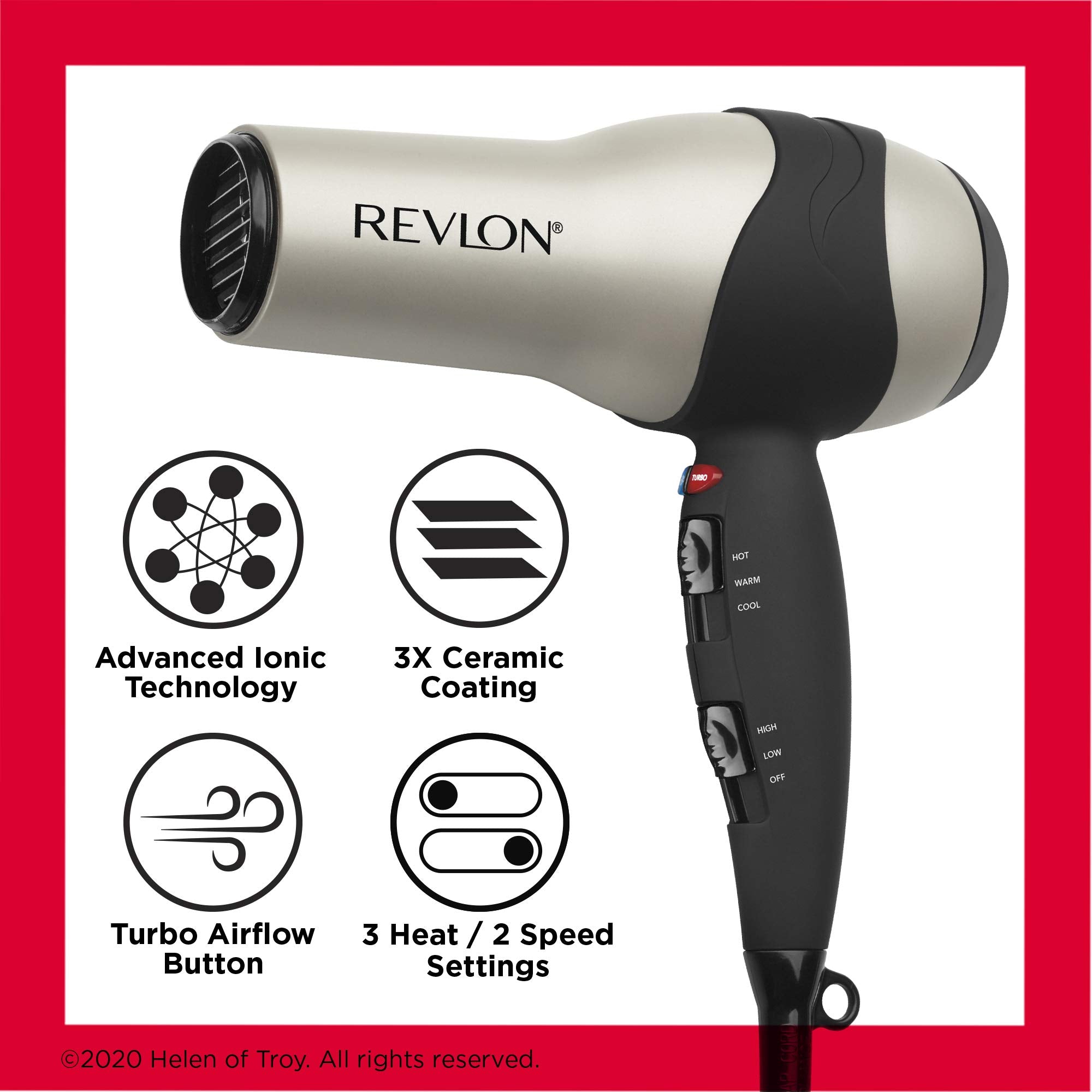 REVLON Turbo Hair Dryer with 3 heat and 2 speed settings for versatile styling.