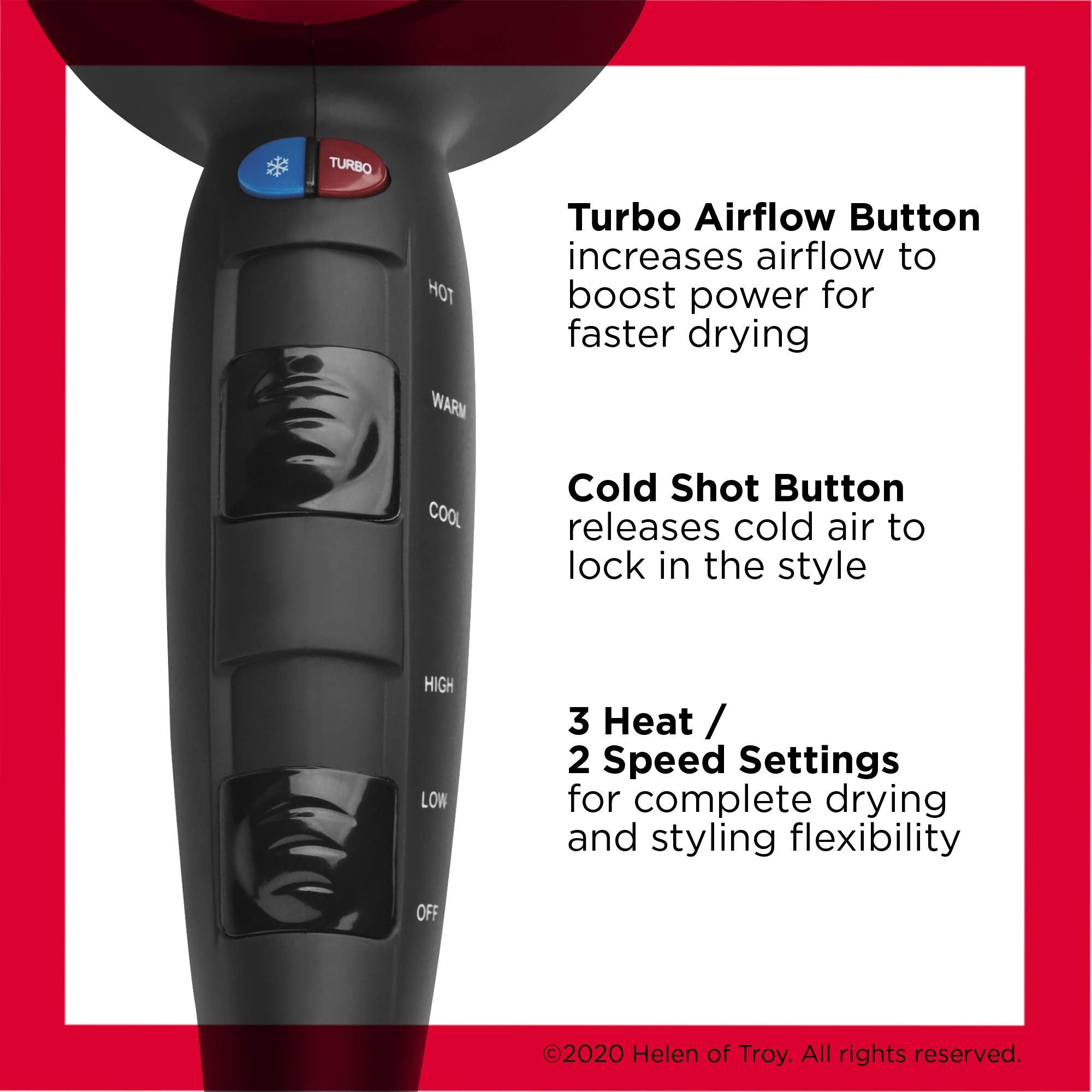 REVLON Turbo Hair Dryer turbo airflow button in action for faster drying.
