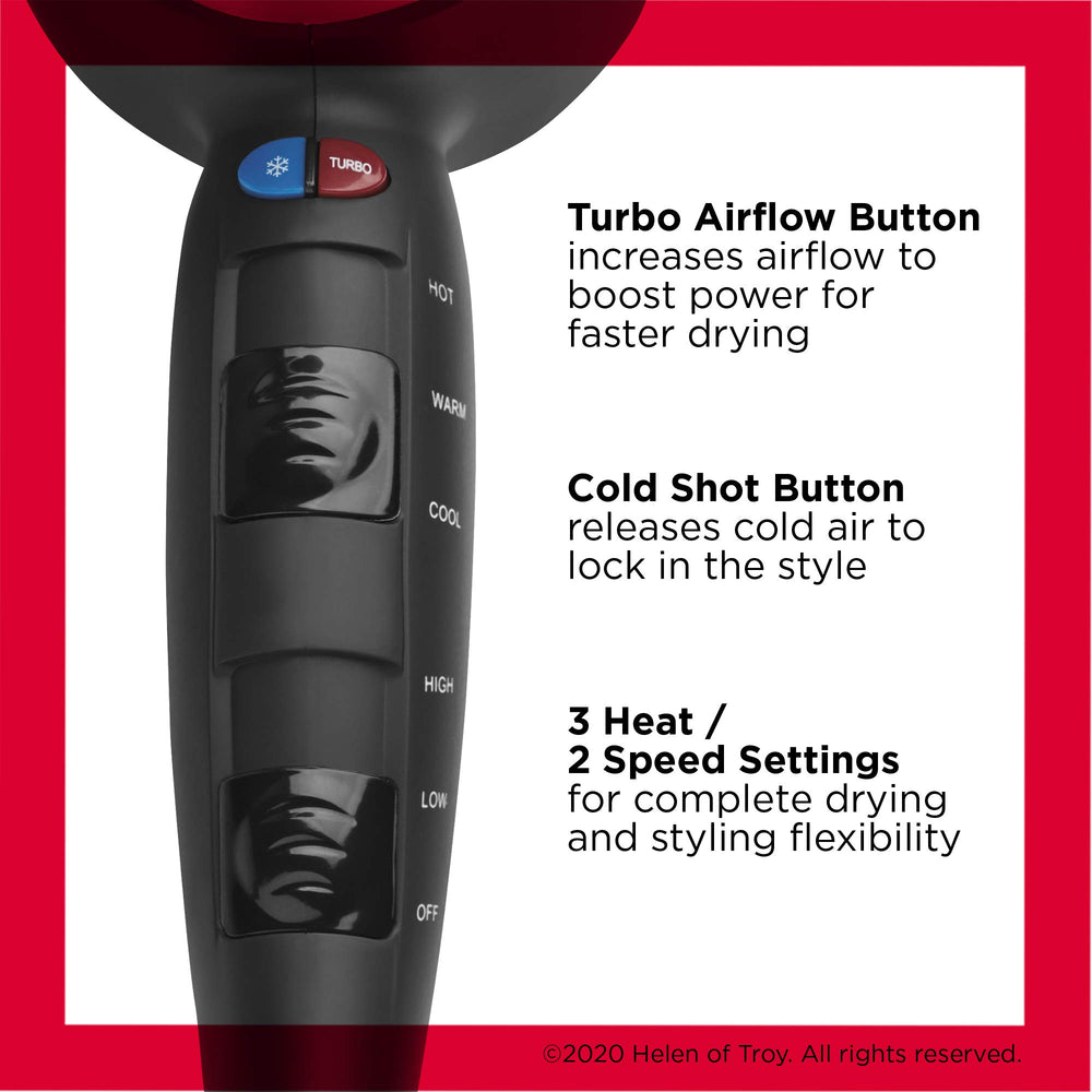 REVLON Turbo Hair Dryer turbo airflow button in action for faster drying.