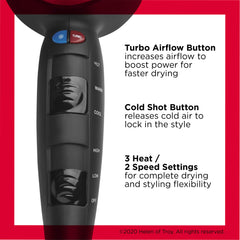 REVLON Turbo Hair Dryer turbo airflow button in action for faster drying.