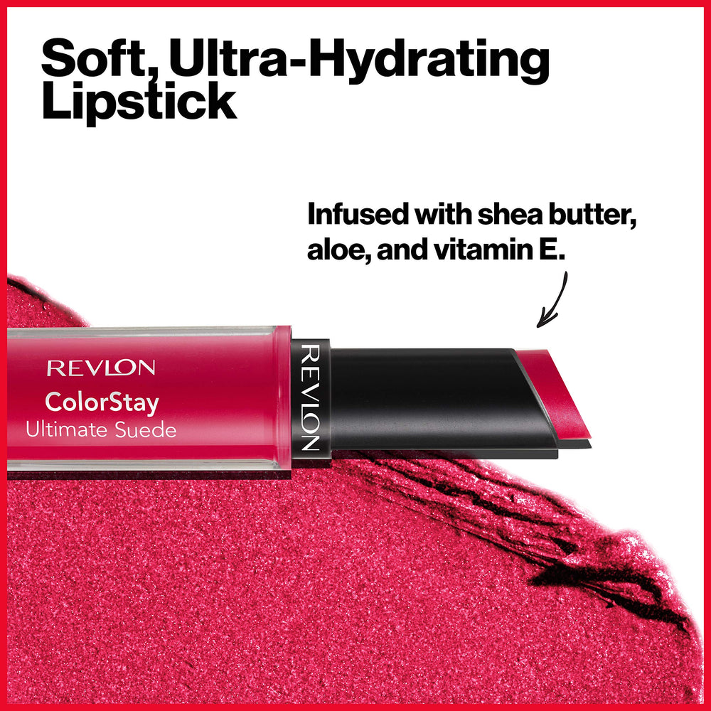 Revlon lipstick with Vitamin E and shea butter delivers moisture on lips.