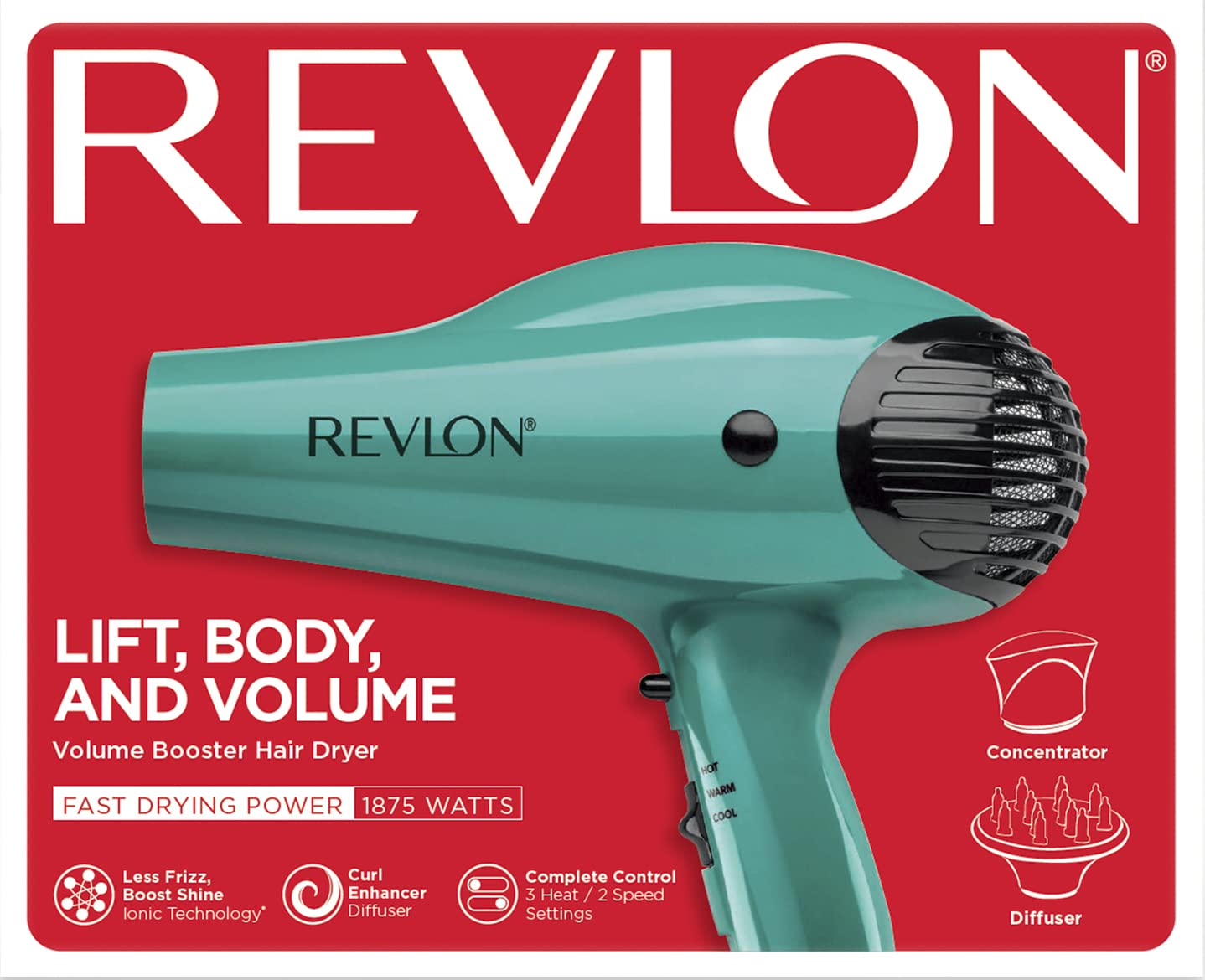 REVLON Volume Booster 3 heat and 2 speed provide versatile drying options.