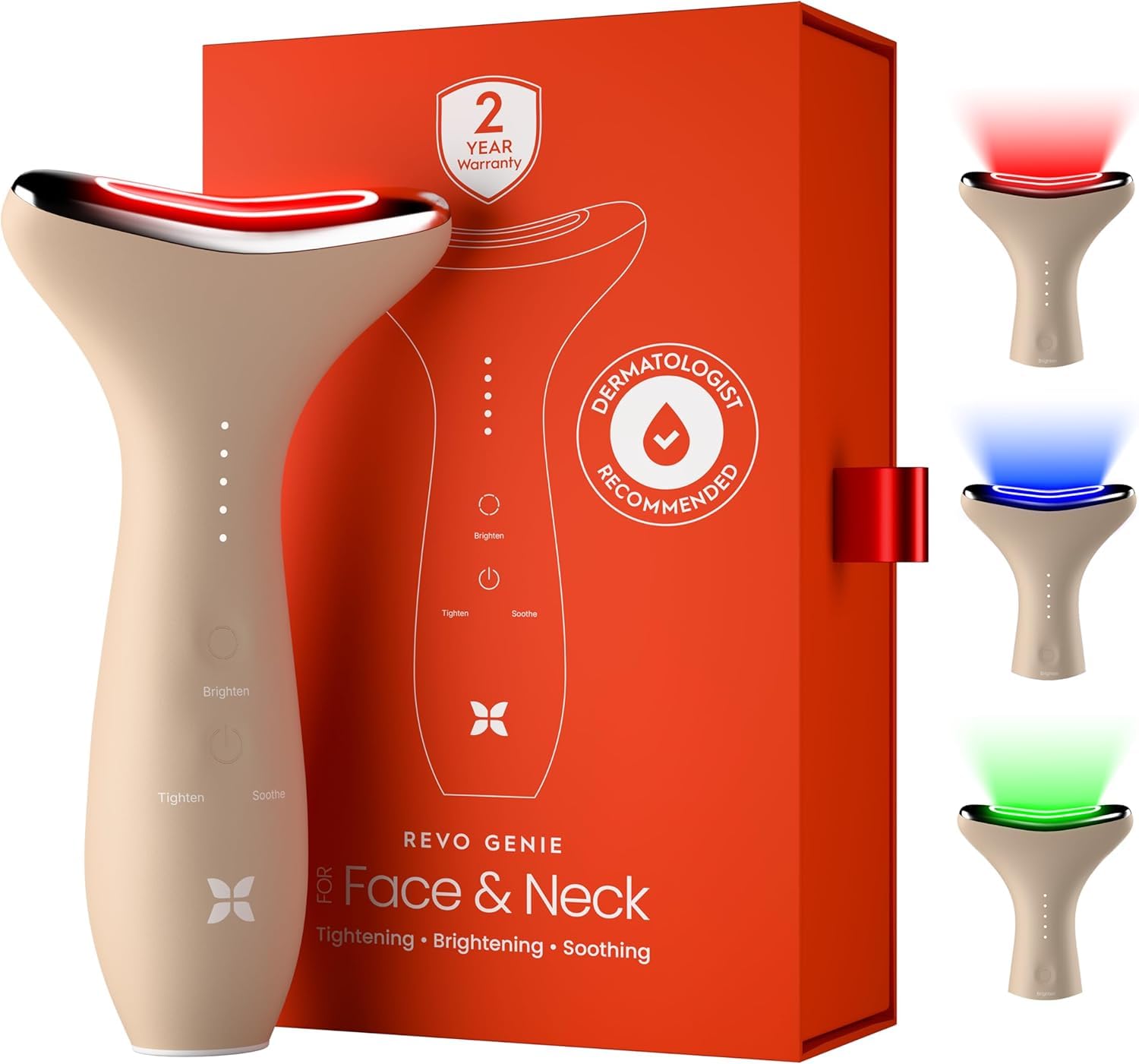 REVOMADIC REVO Genie face therapy closeup with red light for wrinkles and brighter skin.