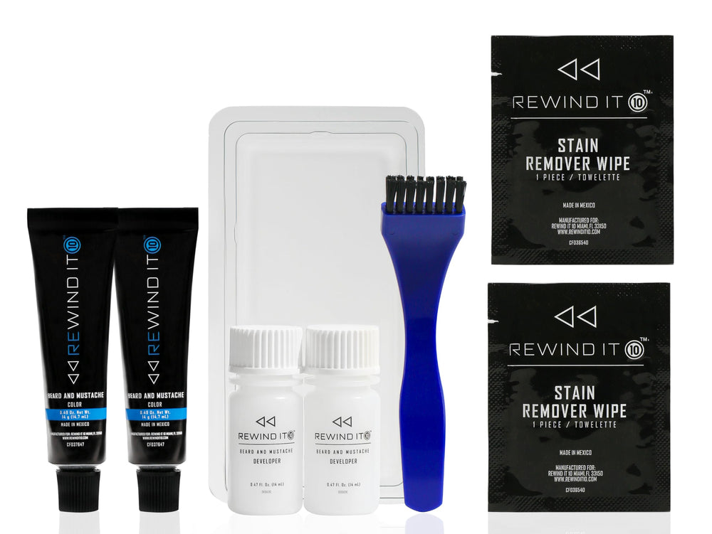 REWIND IT 10 jet-black beard color applicator brush for controlled, mess-free application.