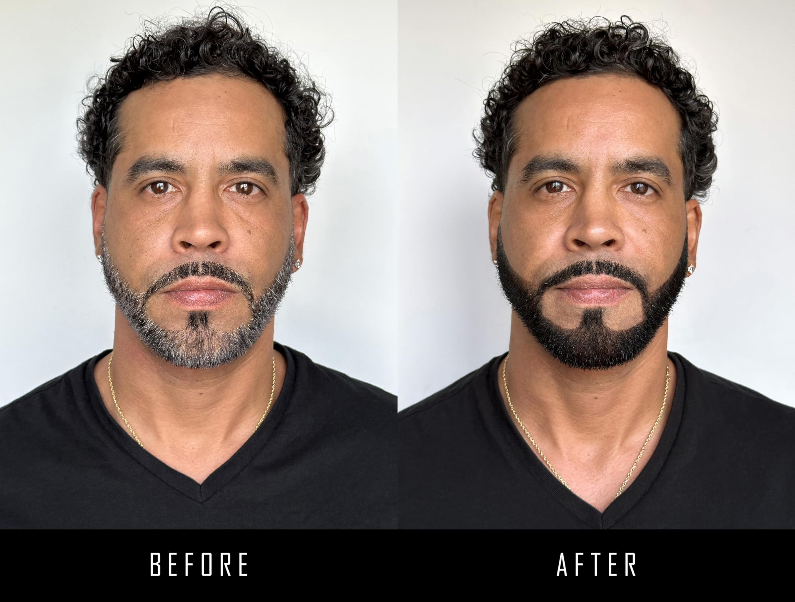 REWIND IT 10 jet-black beard color before-after comparison color change.