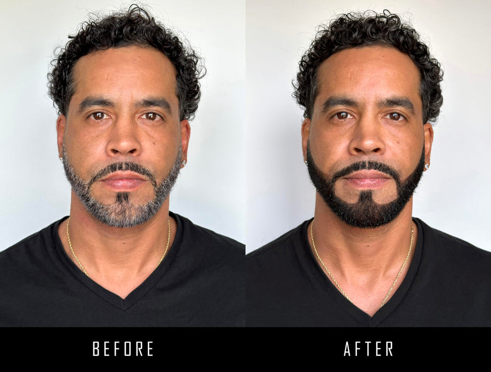 REWIND IT 10 jet-black beard color before-after comparison color change.