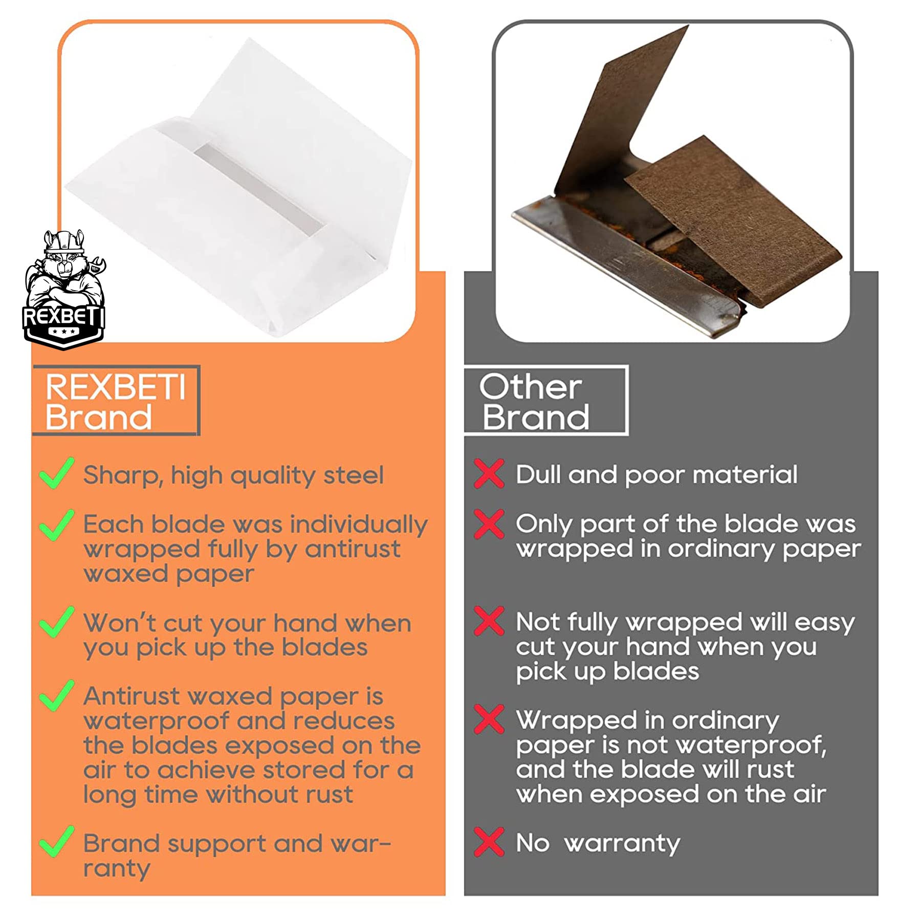 REXBETI standard safety scraper compatibility demonstrates easy blade swaps